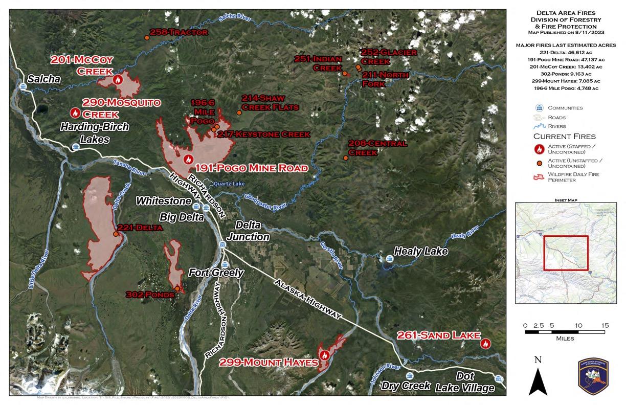 Delta area fires including Pogo Mine Road (#191) and Mount Hayes (#299) as of August 11. 