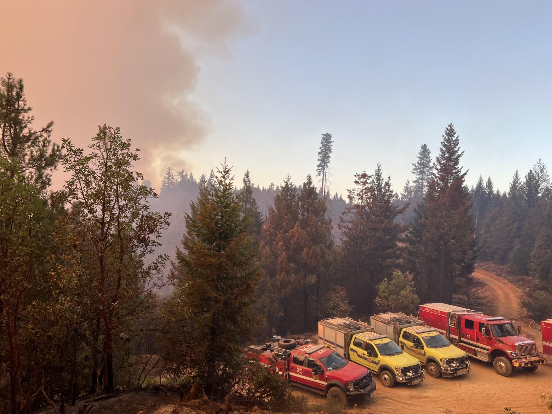 Image of fire trucks parked along a forest road with smoke from the fire behind them. Photo USDA Forest Service courtesy Molly Cropp, Boulder Fire-Rescue