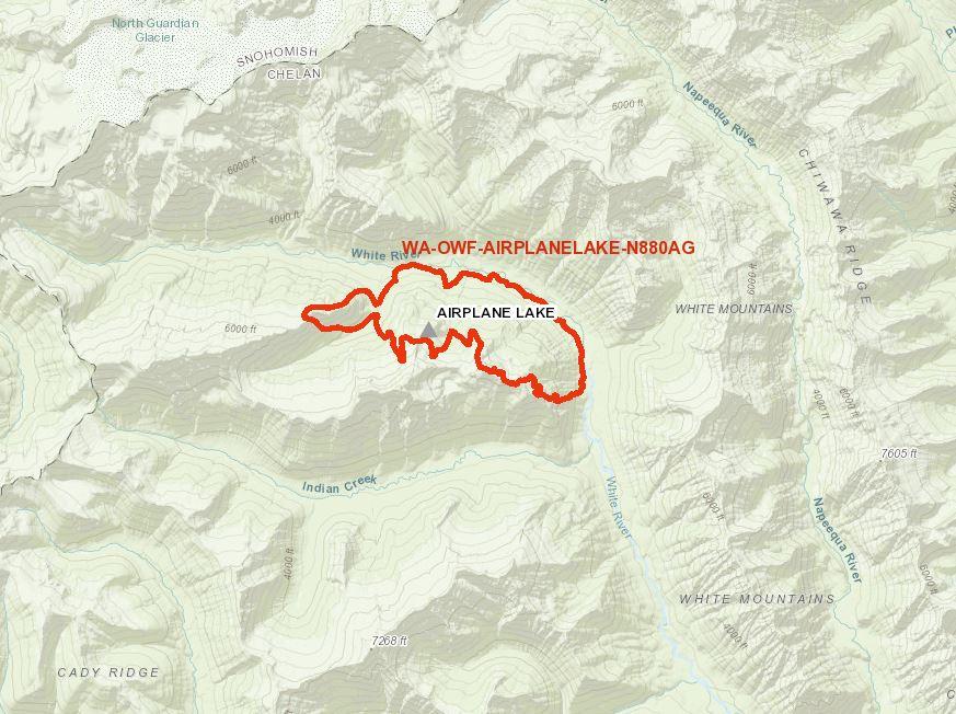 A thick red line outlines the perimeter of the Airplane Lake Fire burning in the Glacier Peake Wilderness Area.