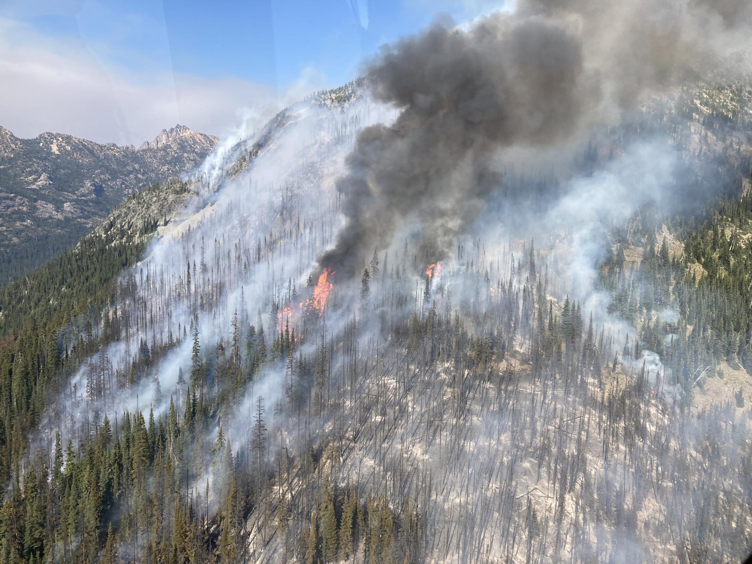 White and dark gray smoke lifts from the Blue Lake Fire on August 16, 2023.