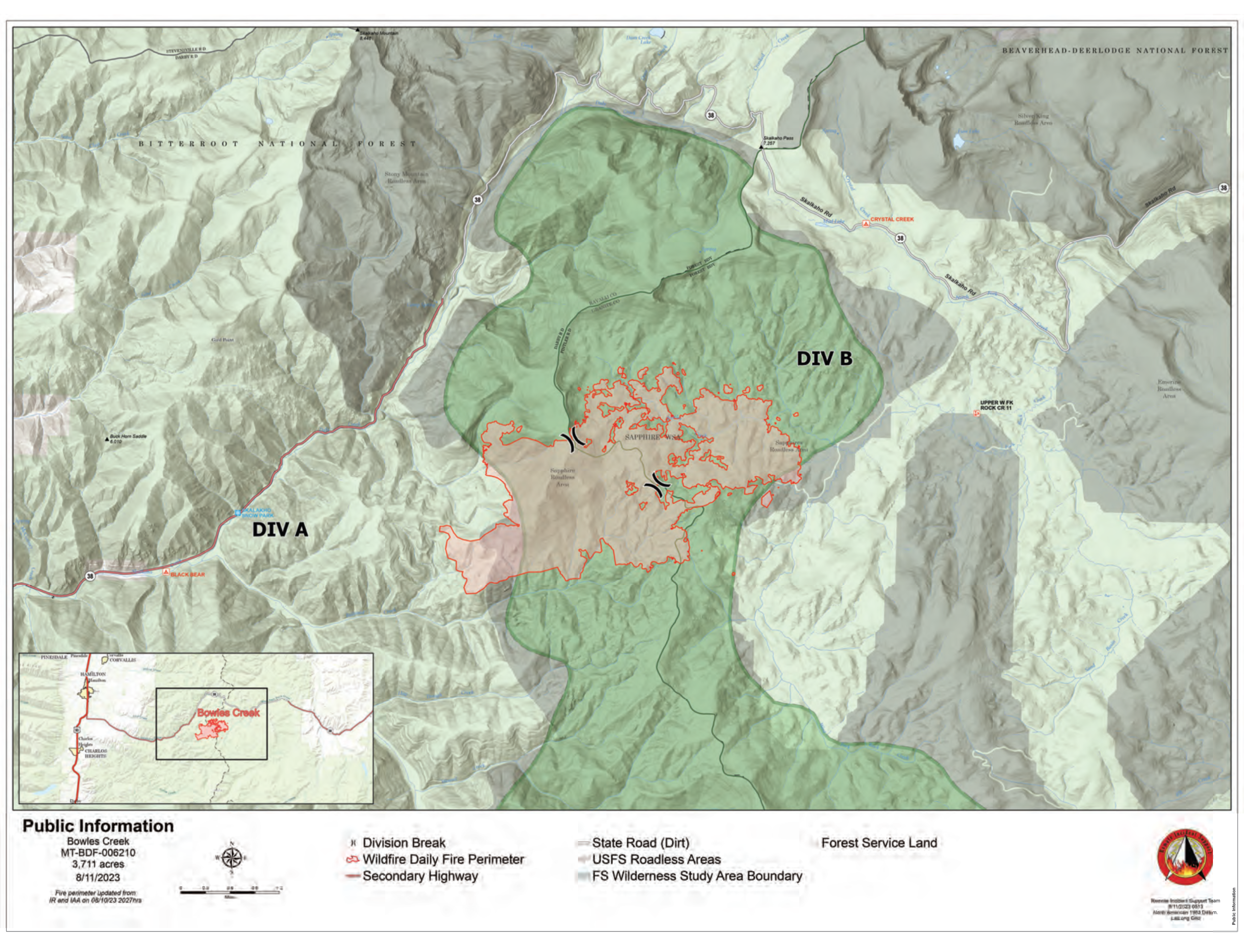 Map of Bowles Creek Fire for August 11, 2023