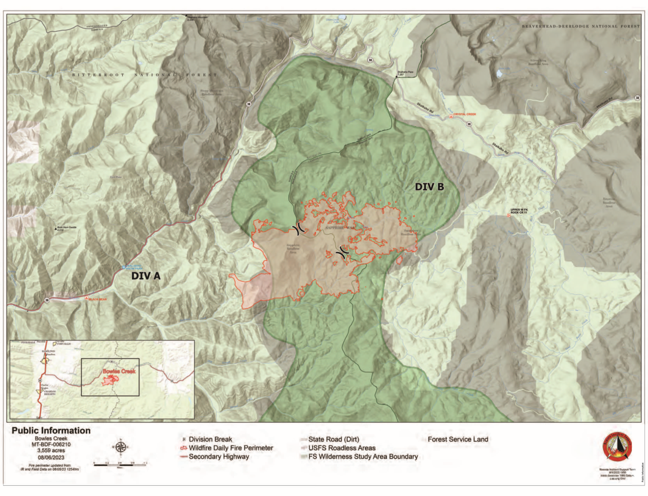 Bowles Creek fire map for August 6