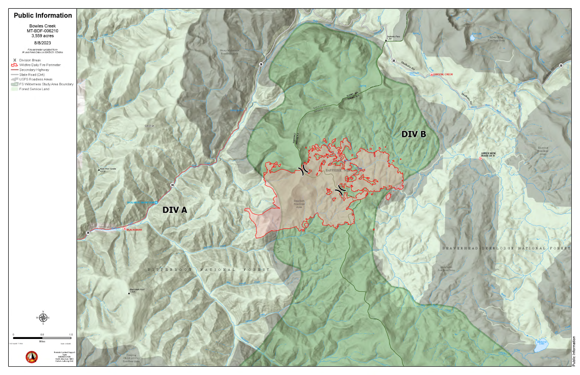Map of Bowles Creek Fire for August 9, 2023