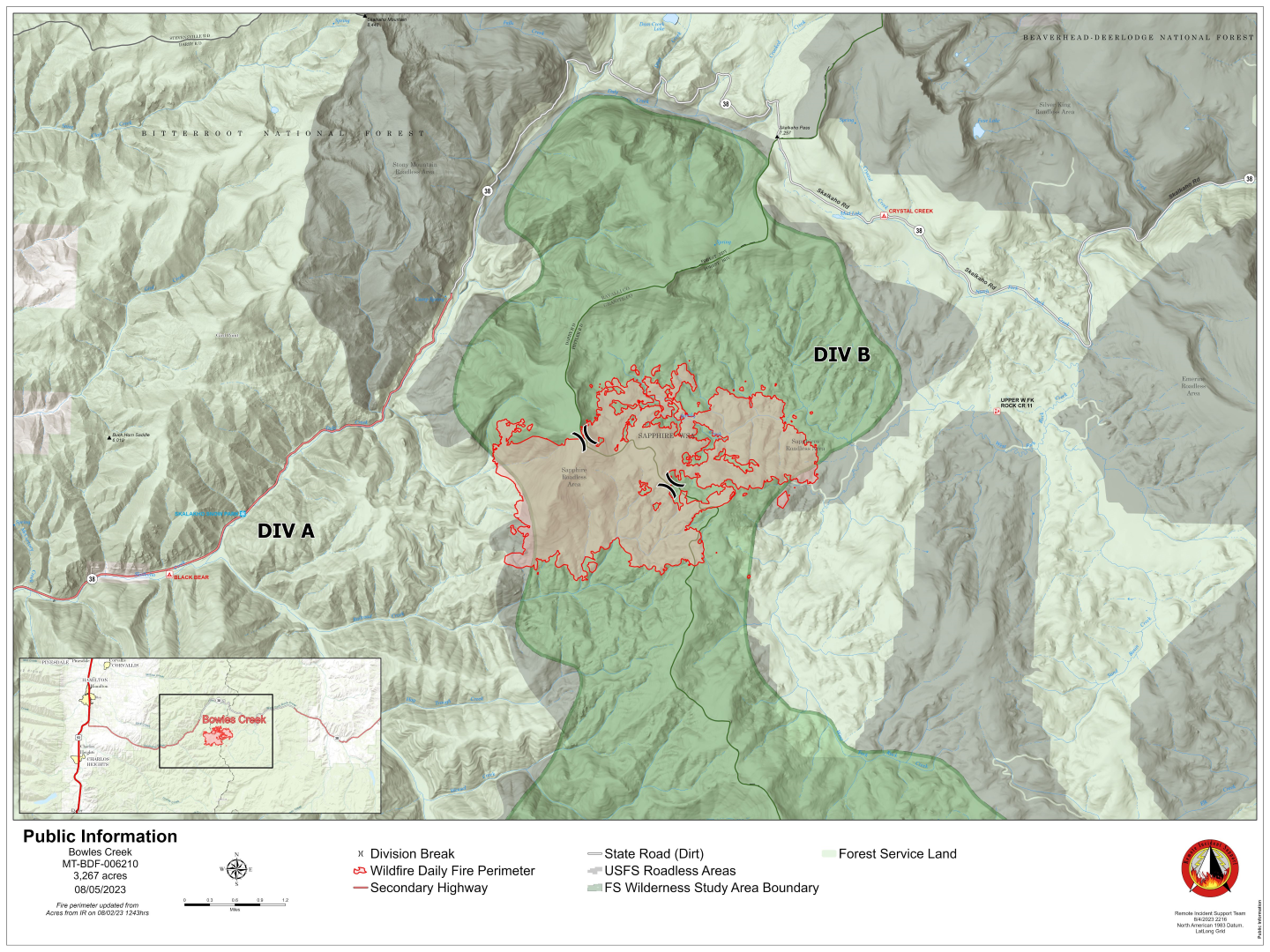 Bowles Creek Fire map AUgust 5, 2023