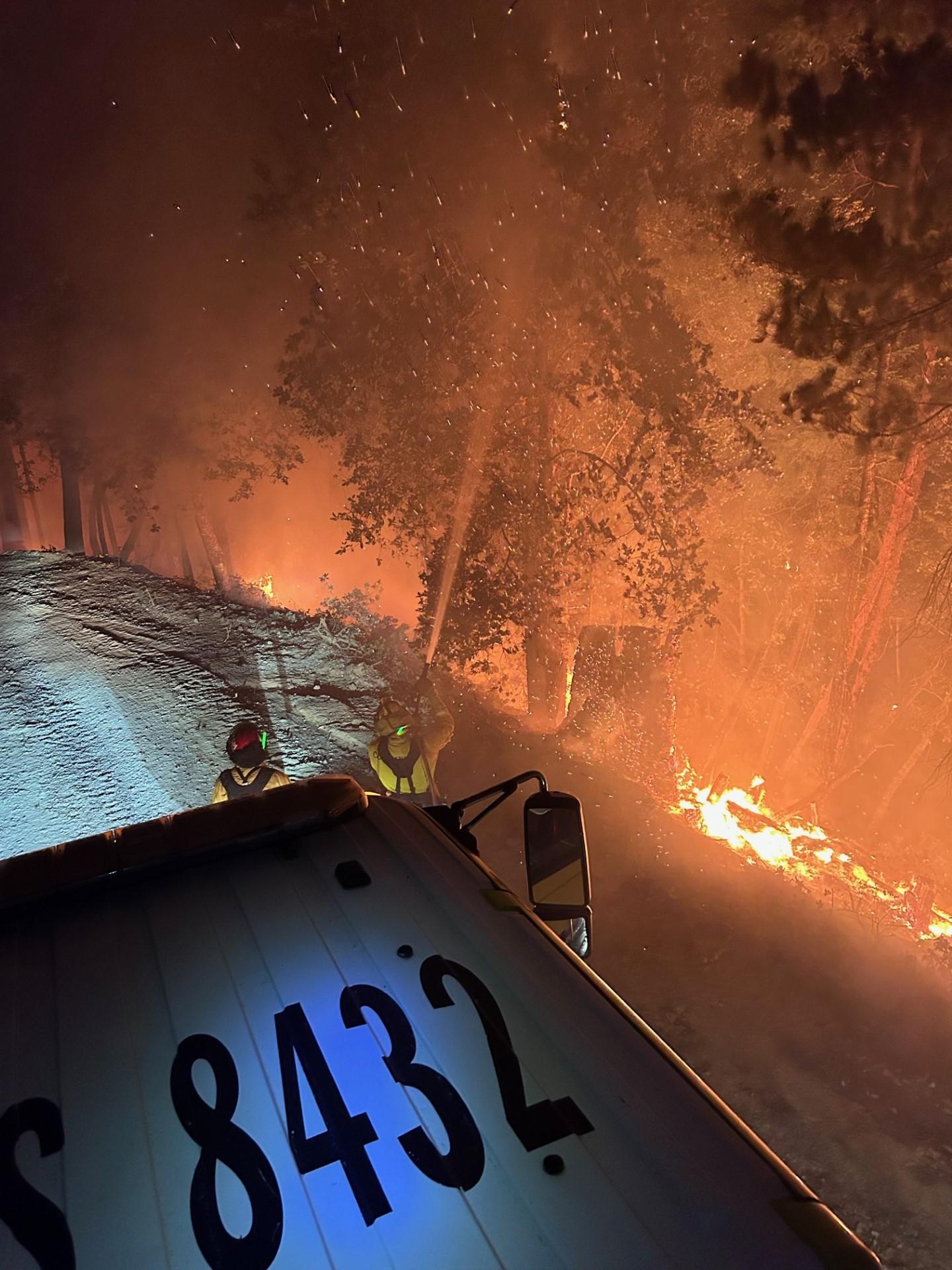 Image of firefighters using a hose from their engine to cool embers falling from burning trees, with fire burning across the ground below the road. Photo USDA Forest Service courtesy Tyson Widegren