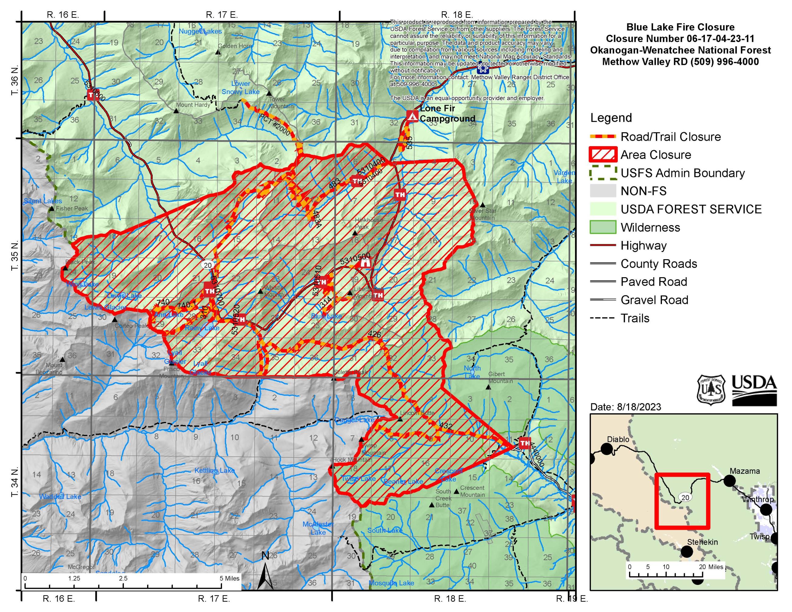 A map of the closed areas within the Blue Lake Fire