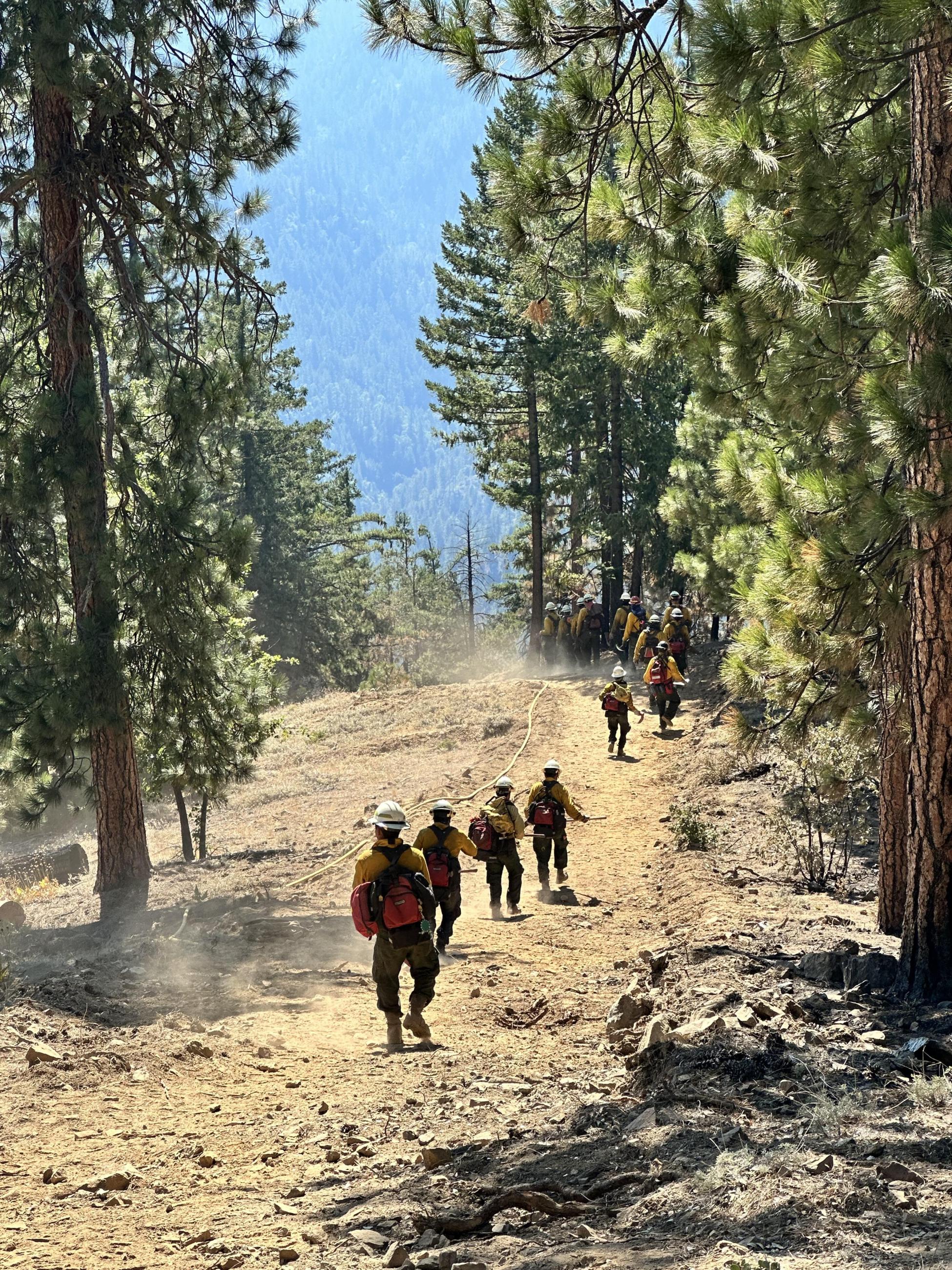 Image of firefighters carrying their packs and tools walking along a trail in the mountains. Photo USDA Forest Service courtesy Martin Lopez