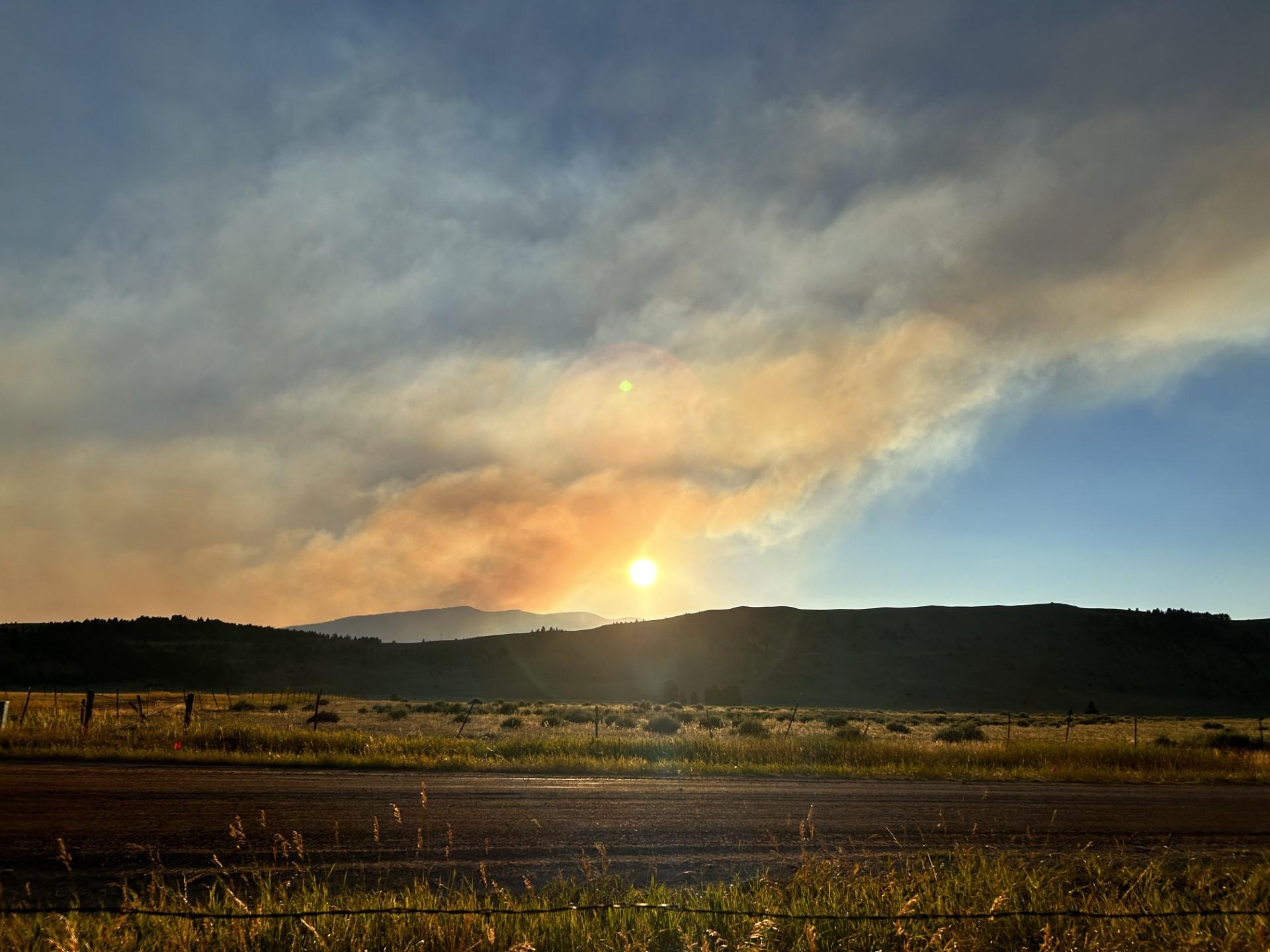 Evening view of Bowles Creek Fire from ICP on August 15, 2023