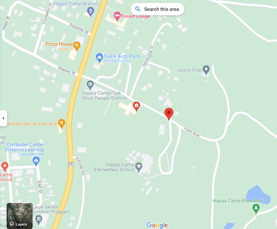 Image showing the location of the Gail Zink Memorial Park, 134 Parkway, Happy Camp, CA 96039