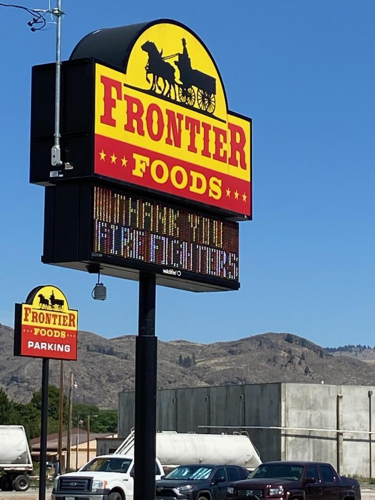 Thank you firefighters on the sign of the grocery store in Oroville, Wash.