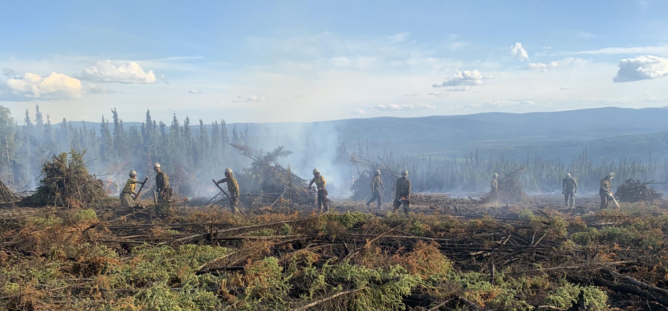 Members of the Pioneer Peak Hotshots cut and clear a fire break along the SW edge of the Lost Horse Creek Fire on August 15