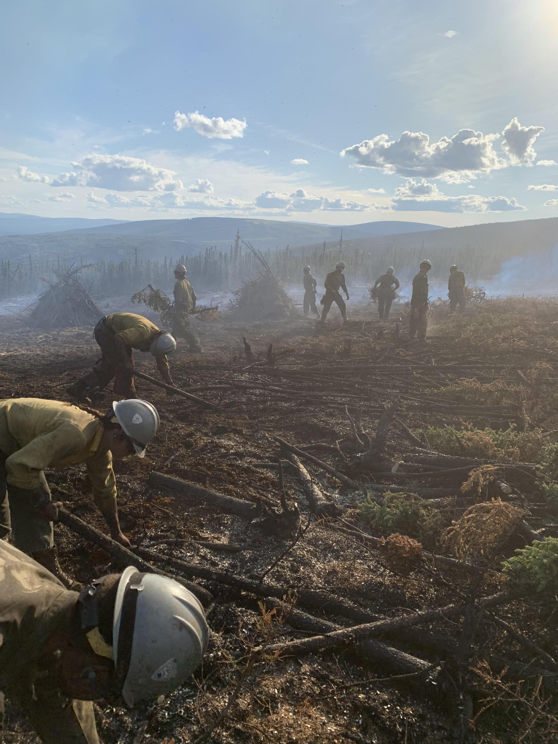 A line of hotshots in full fire protective gear are working. They are bent over a burned area, looking for areas of heat and making the fuel break larger. 