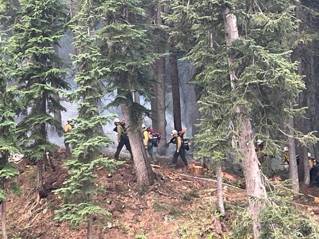 Firefighters hiking Blue Lake Fire