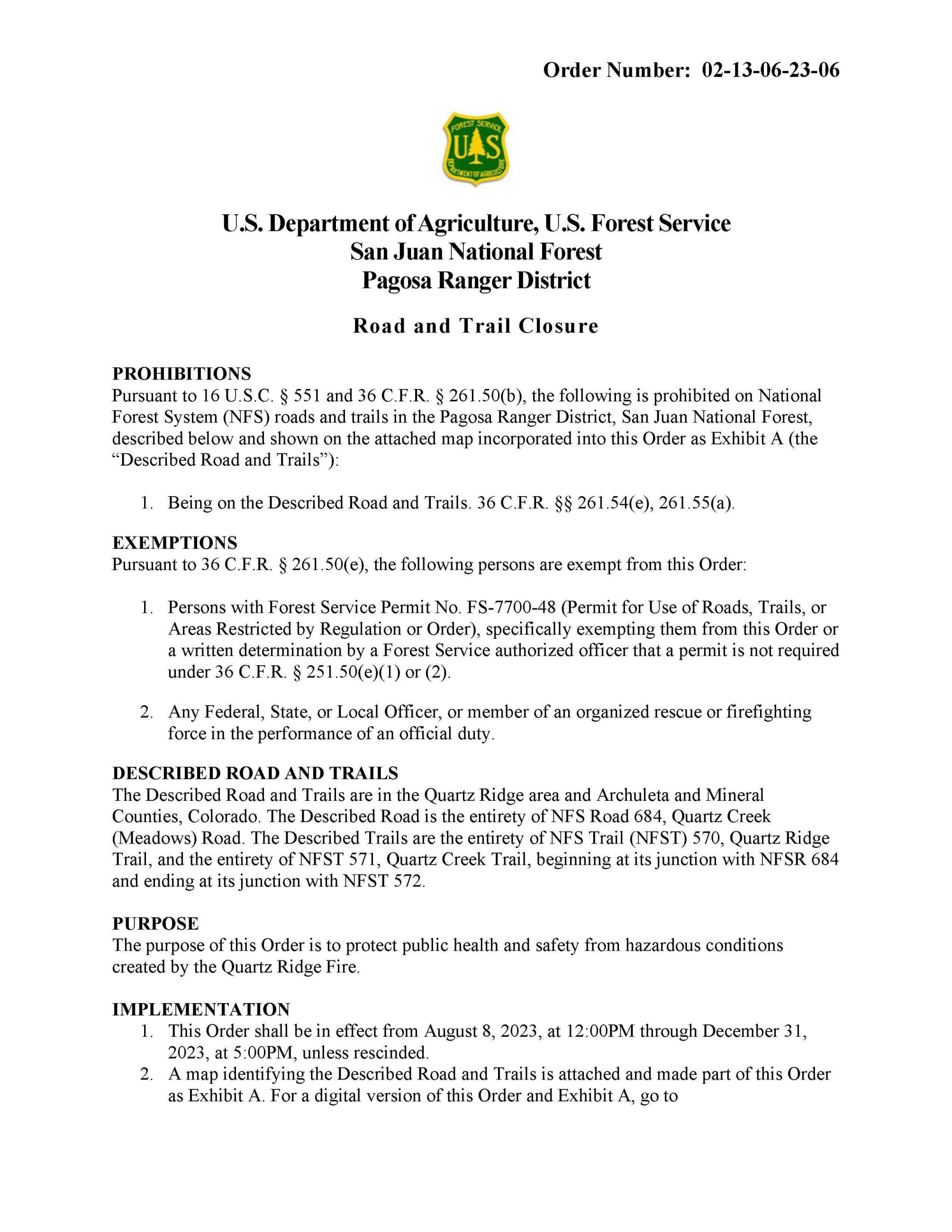 Quartz Ridge Closure Order