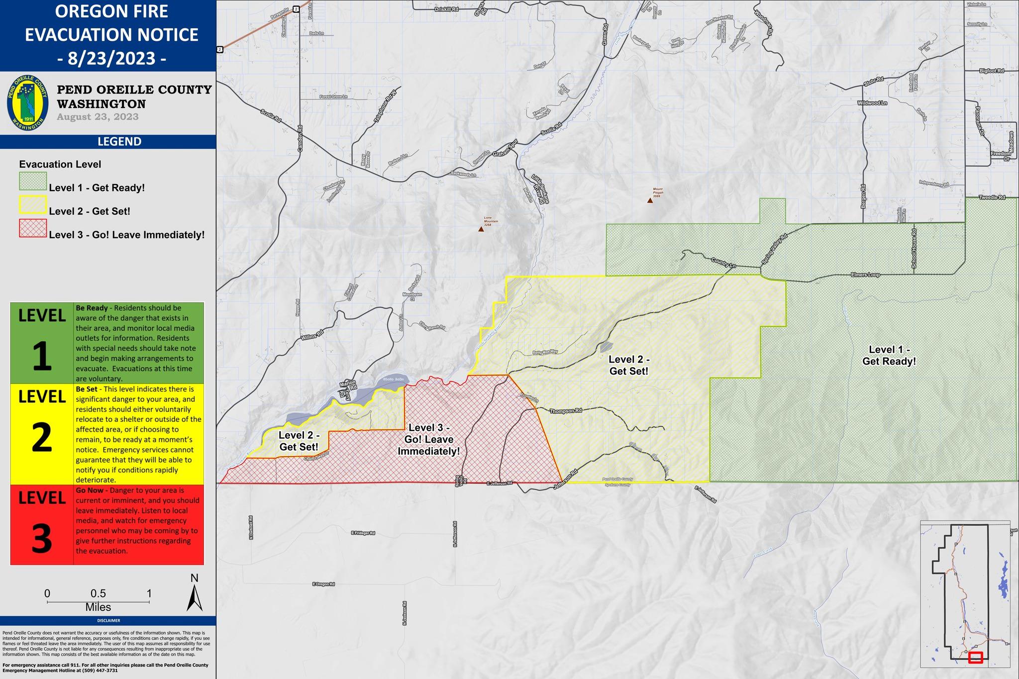 Green, yellow and red area showing the evacuation levels in Pend Oreille County