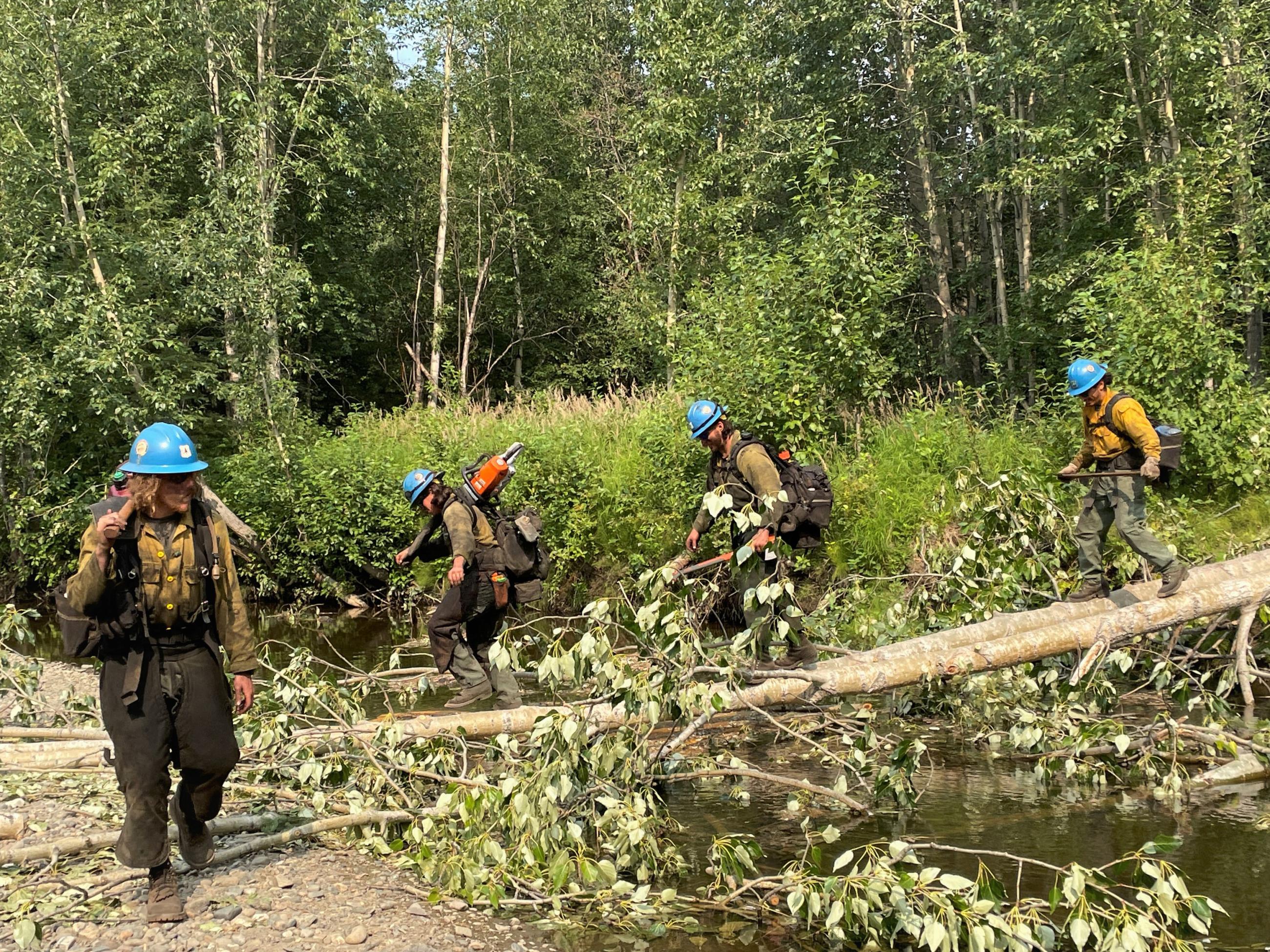 The Shasta Lake Hotshots cross a log bridge to reach a cabin near the Birch Creek Fire. Photo by Chris Noel, Great Basin Team 3.