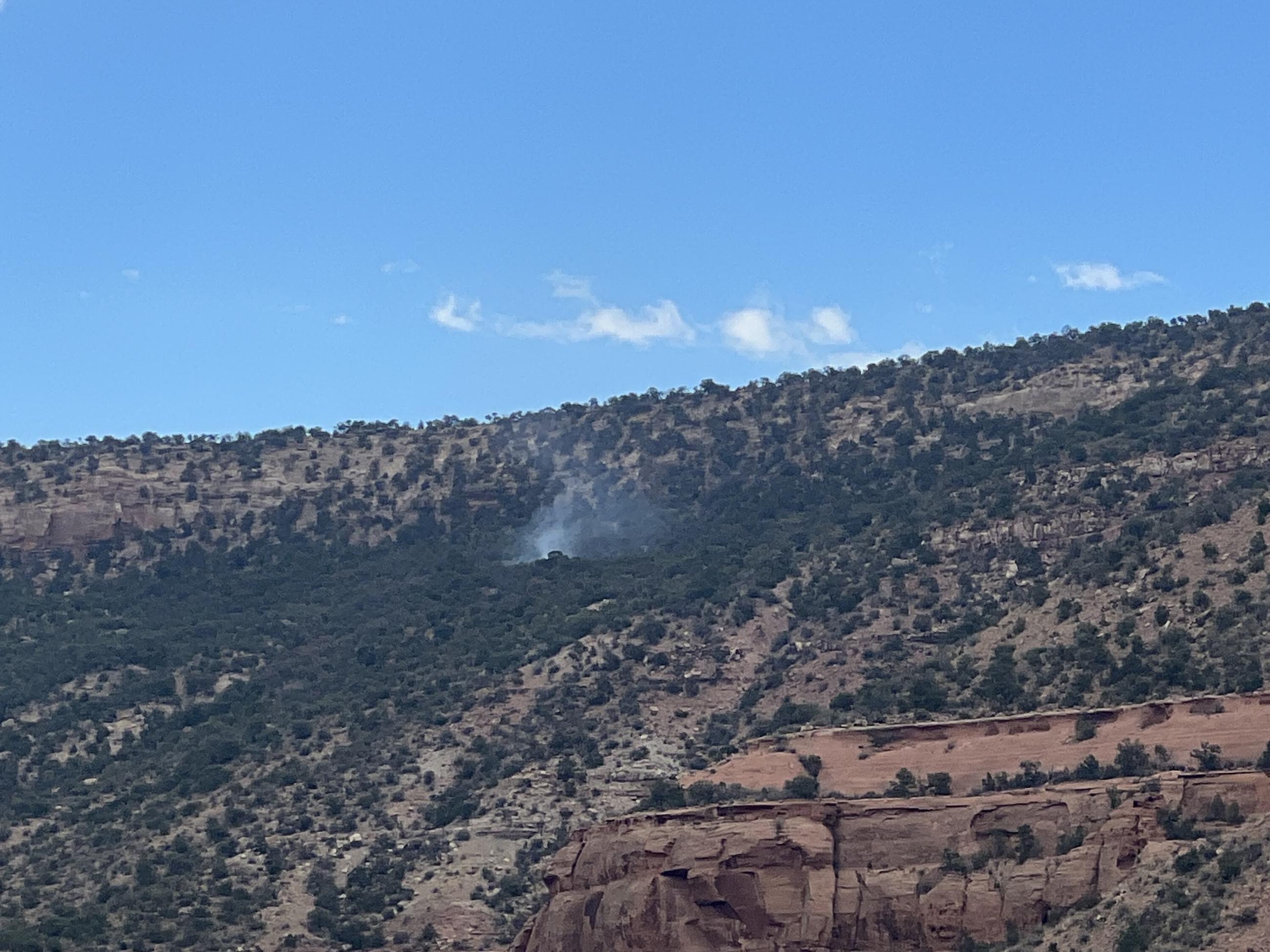 This is a photo of the Little Mesa Fire on the day it was first detected, which presents as a wisp of smoke in pinion/juniper forest on the slope of Little Canyon.
