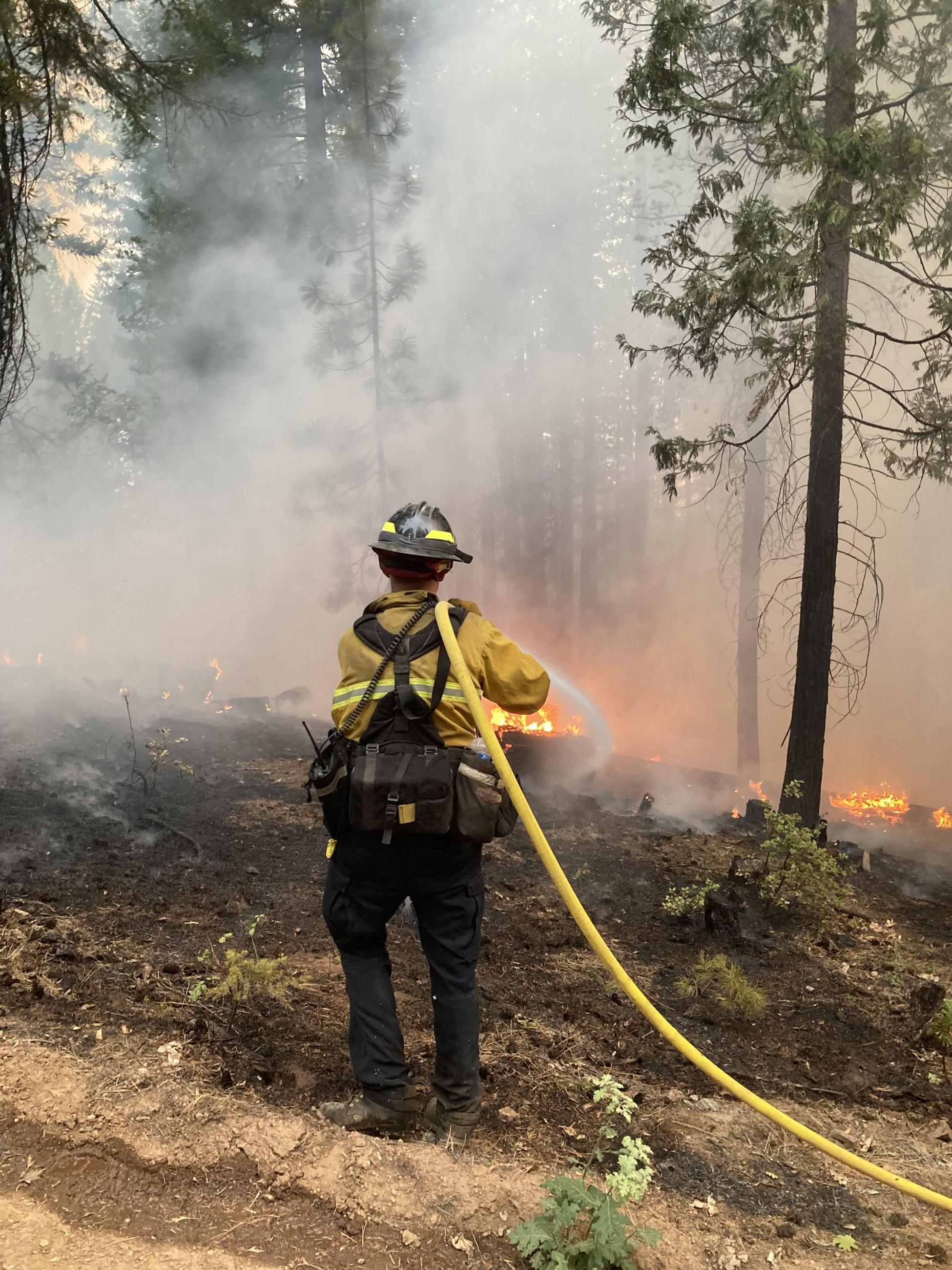 Image of a firefighter holding a hose and spraying water on flames on the Happy Camp Complex August 18, 2023 7:30 pm. Photo USDA Forest Service courtesy Daniel Ramey