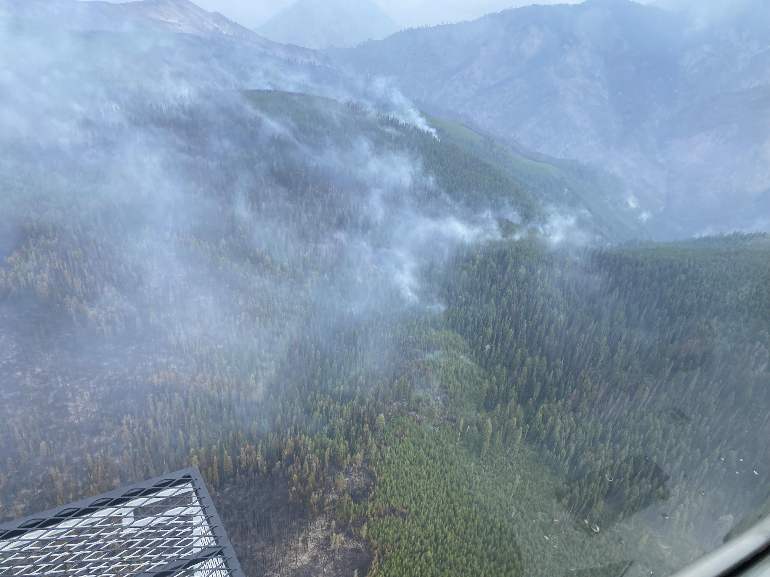 Photo shows light smoke from a hillside as fire backs into a drainage
