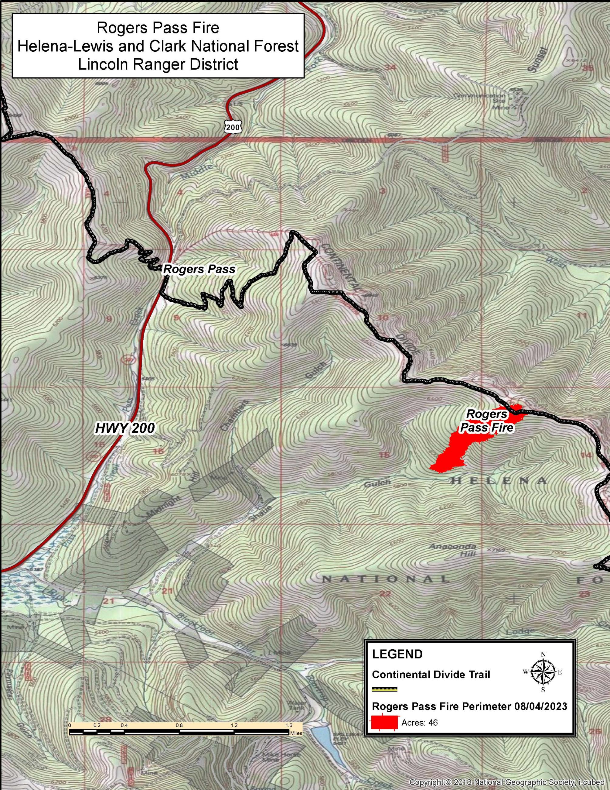 map showing fire perimeter of the Roger's Pass Fire on August 4, 2023