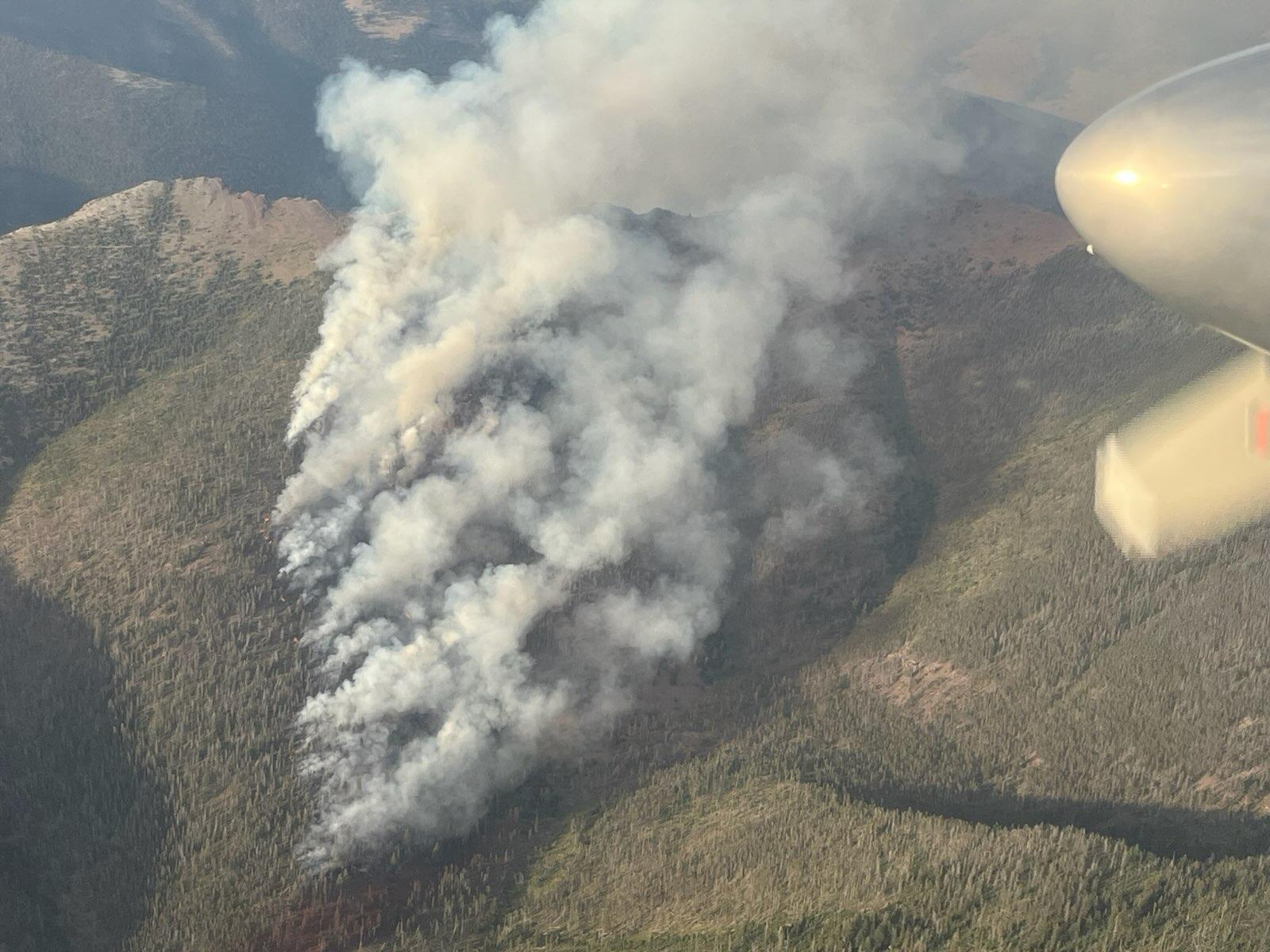Aerial view of Rogers Pass Fire on August 1 - heavy smoke in dense and steep timber