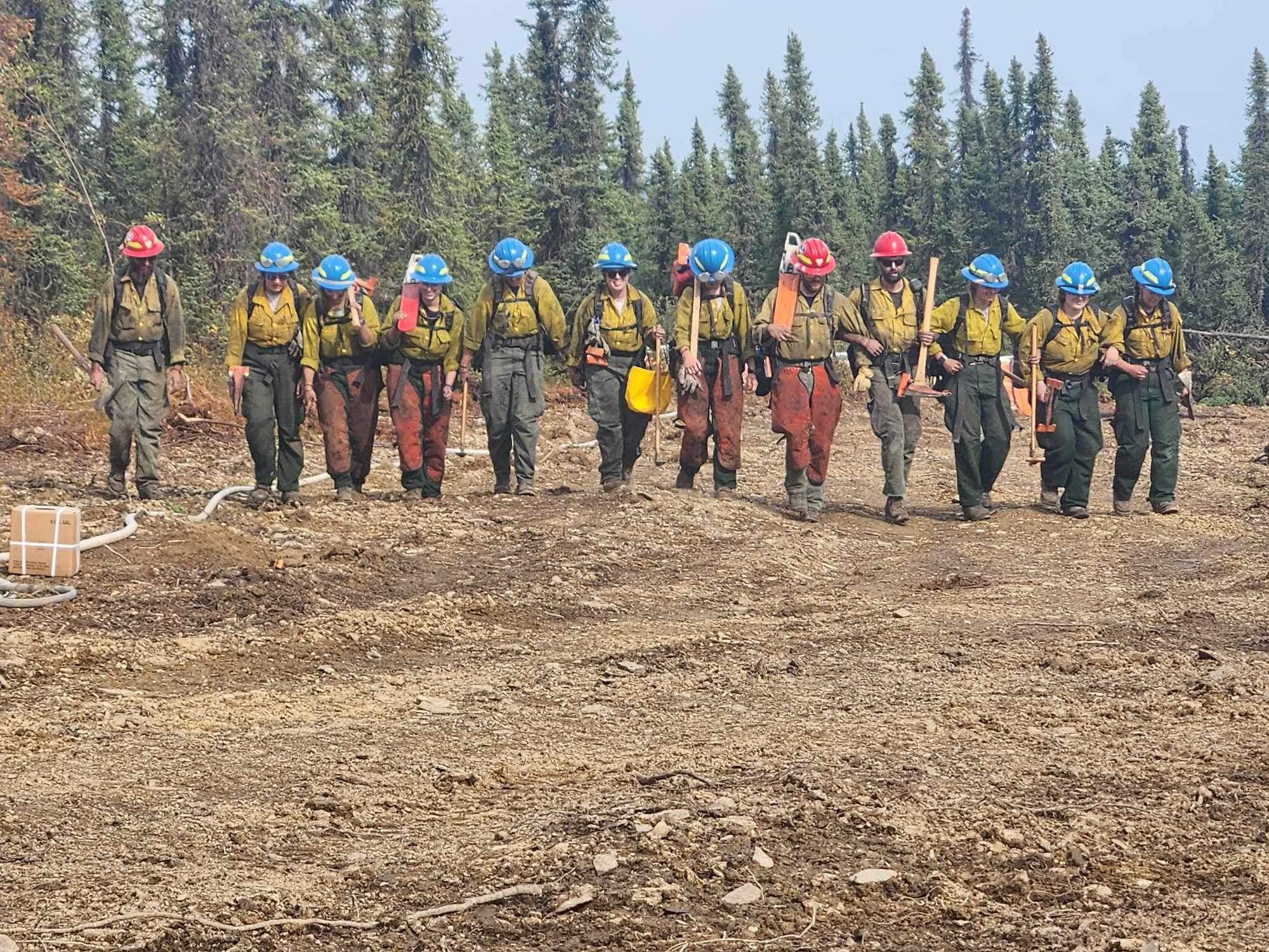 A line of firefighters.