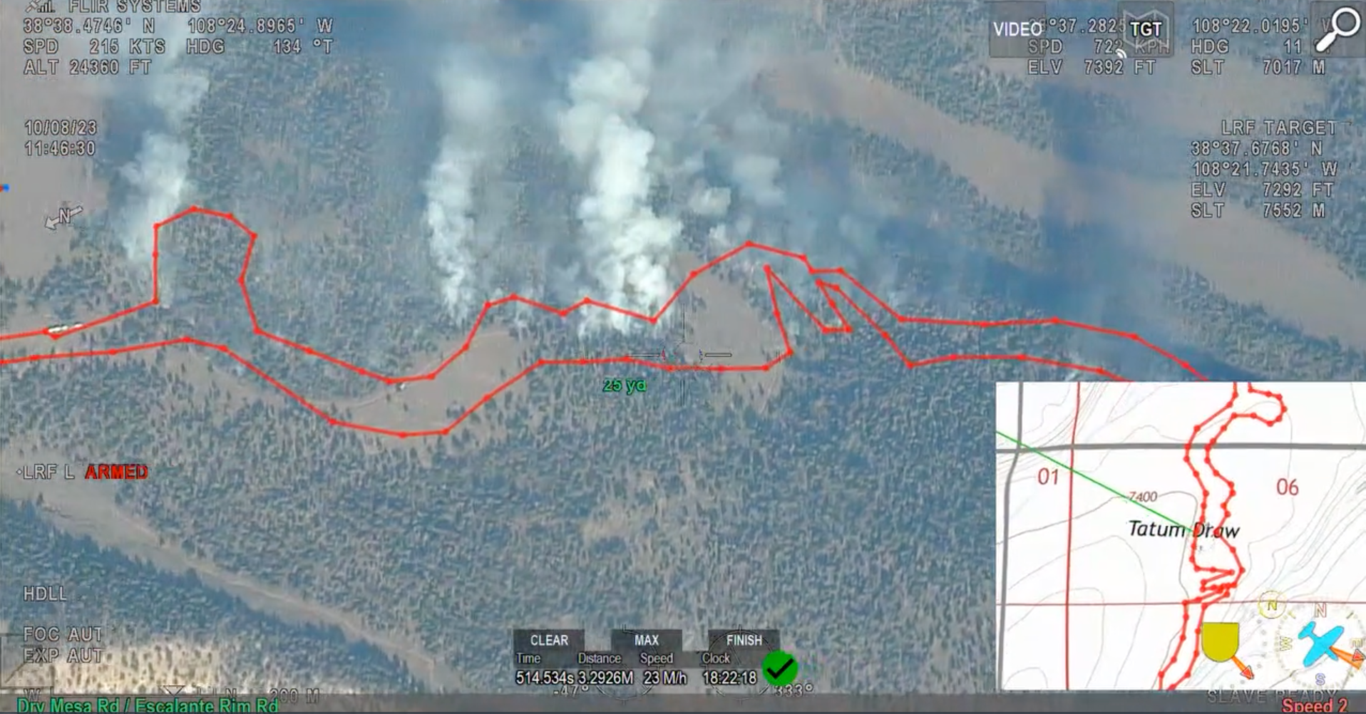 Aerial photo of the Little Mesa Fire overlaid with red polygon fire boundary
