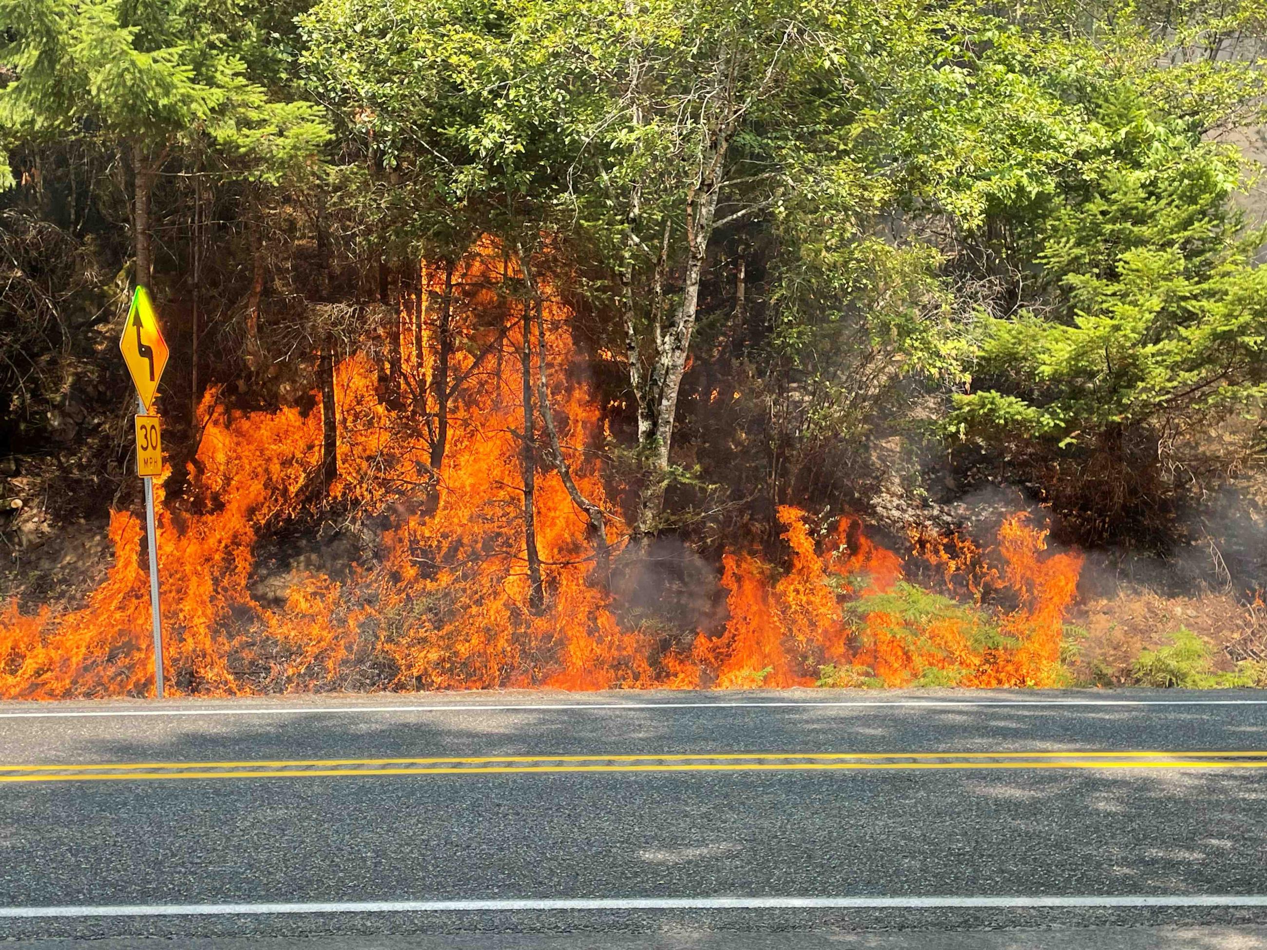 A roadway lies in the foreground and flames stretch across the length of the frame, fed by the brush and trees between the road and the area's steep, rocky hillsides