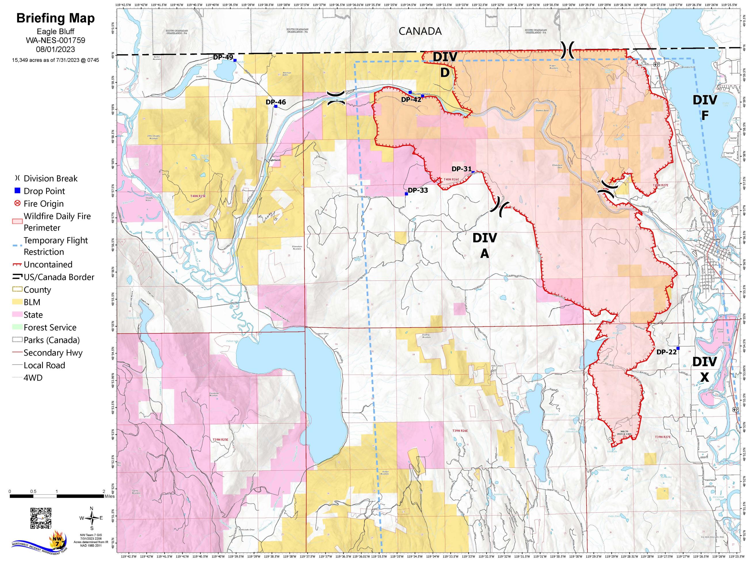 August 1, 2023 map of Eagle Bluff Fire perimeter