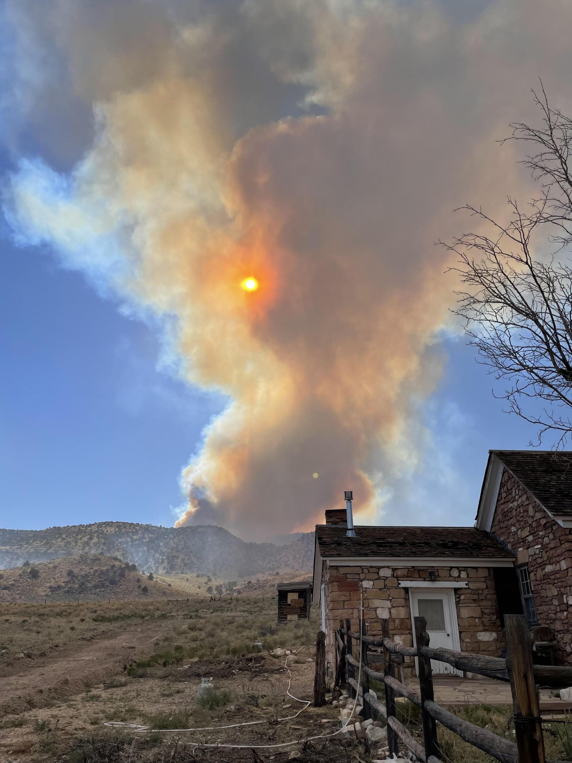 Hoses and sprinklers setup to protect a house with a smoke column in the background