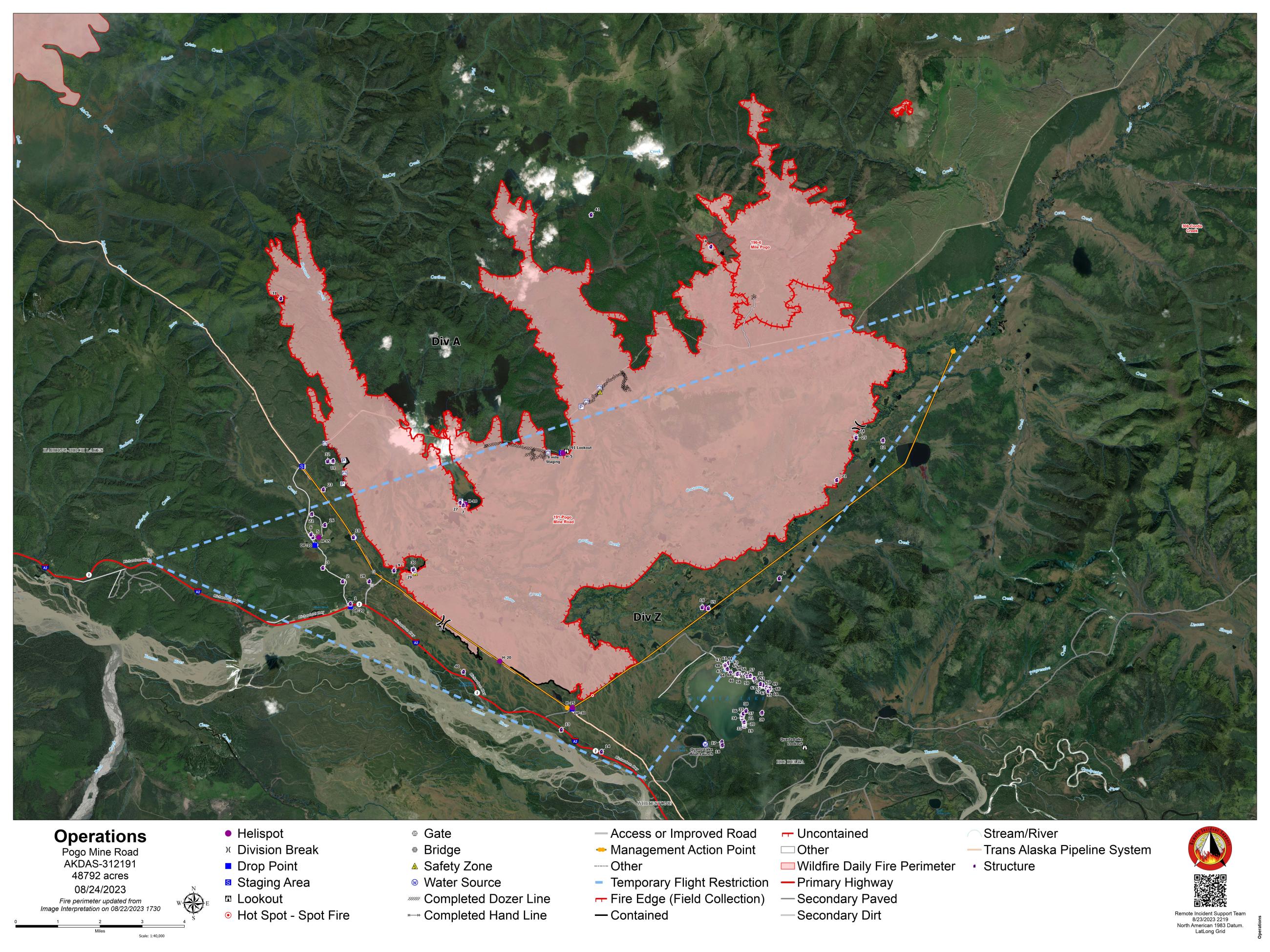 Pogo Mine Road Fire operations map for 8/24/2023