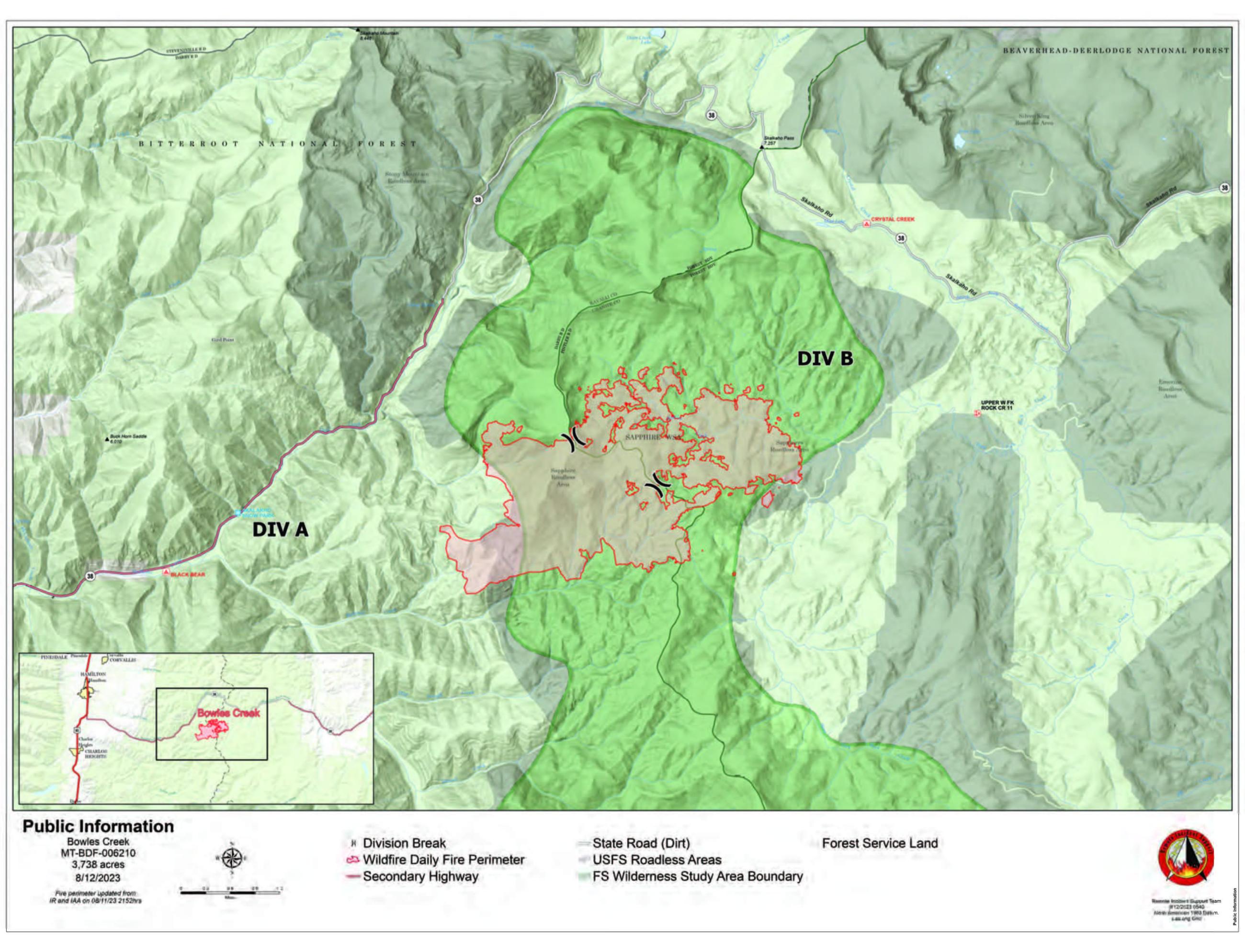 Map of Bowles Creek Fire for August 12, 2023