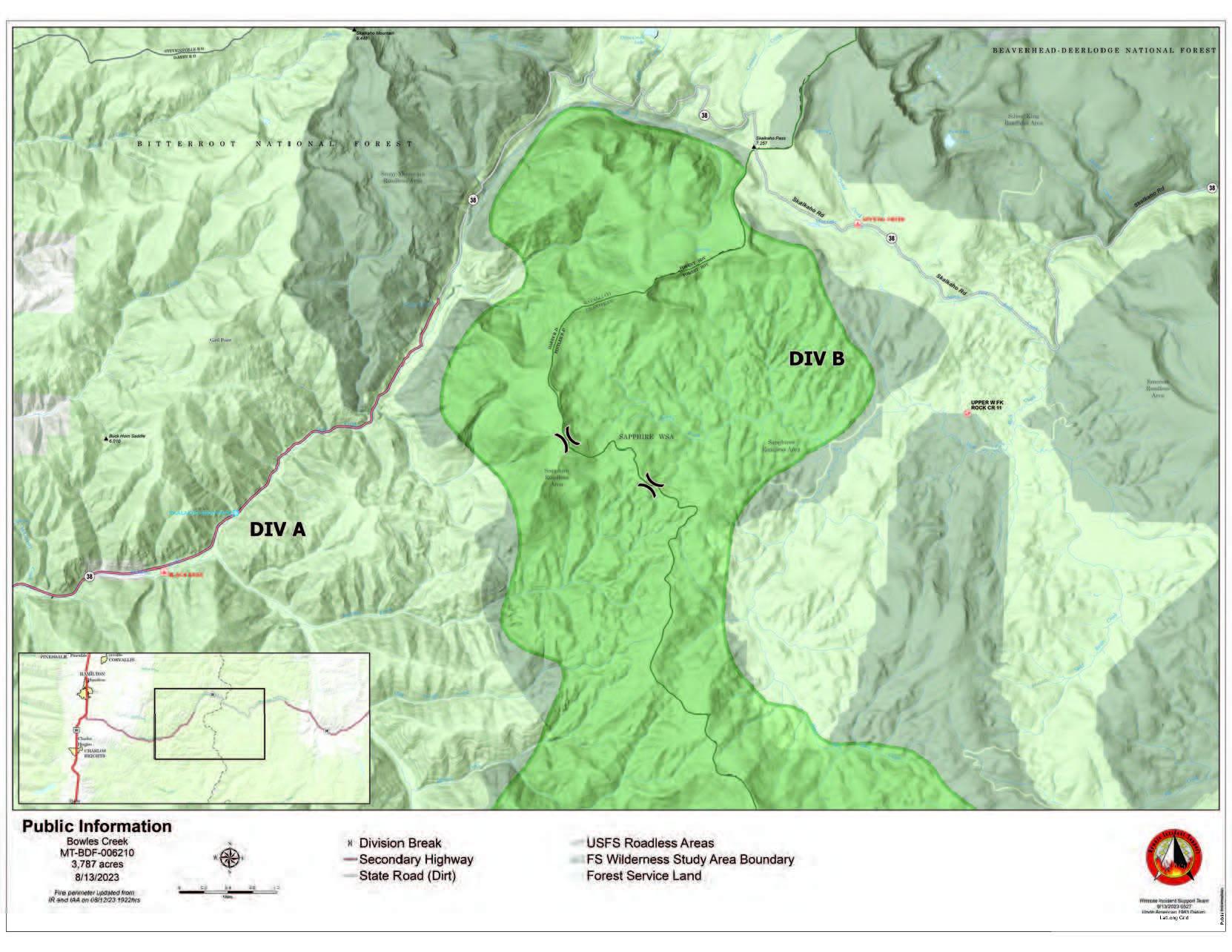 Map of Bowles Creek Fire for August 13, 2023