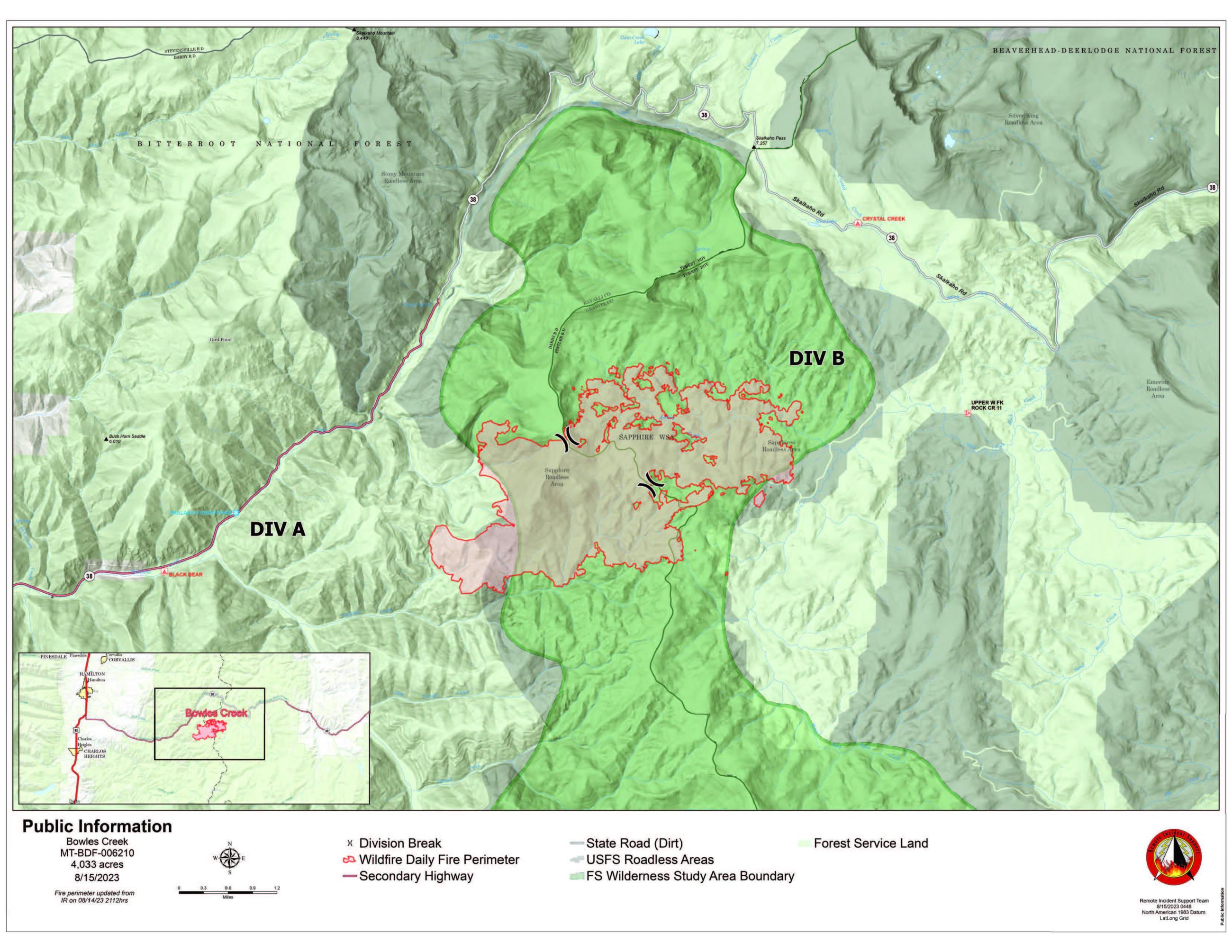 Map of Bowles Creek Fire for August 15, 2023