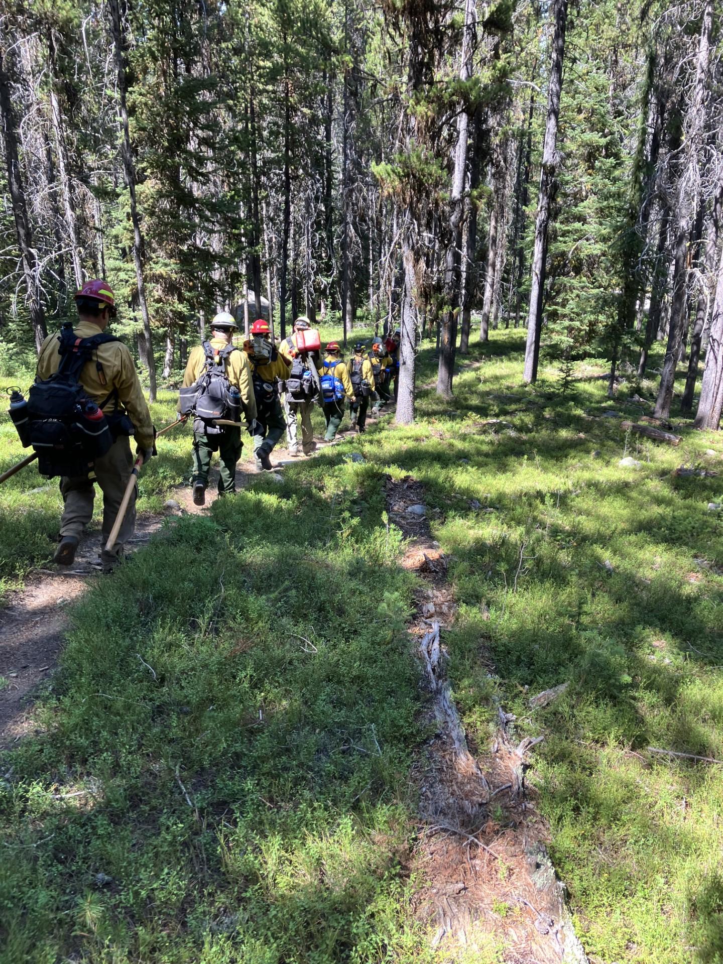 Fire crews hike into the Bowles Creek Fire.