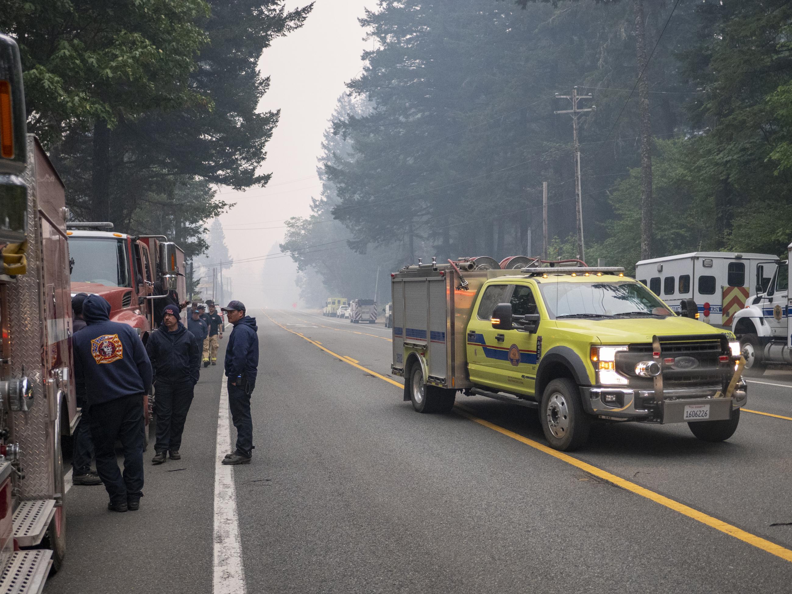 Fire engines line the roadway outside of Ward Field fire camp in Gasquet. August 24, 2023