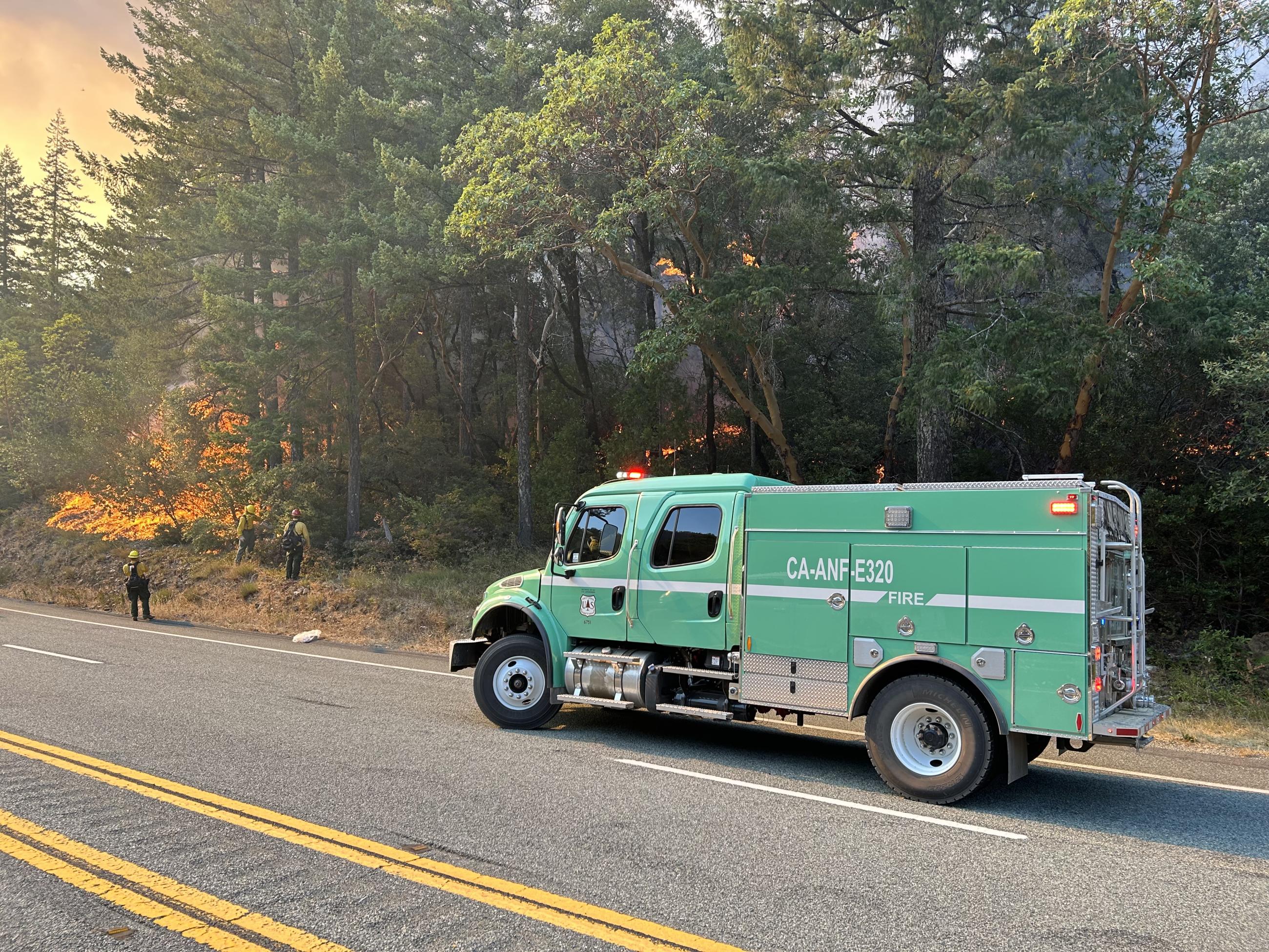 USFS engine from the Angles National Forest on Highway 199, Smith River Complex South September 14, 2023. 