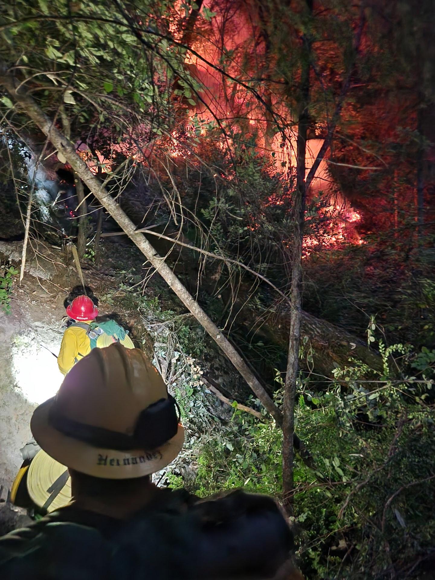 Two firefighters hiking through a burning forest using head lamps mounted to their helmets with flames in the foreground