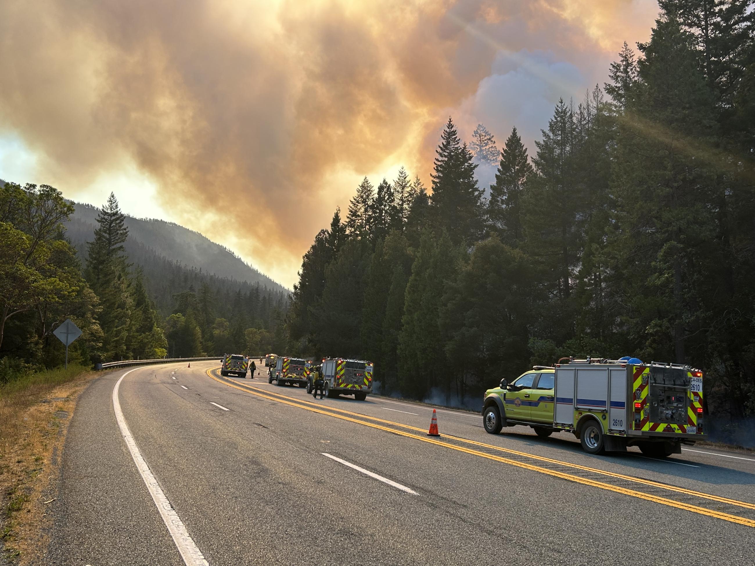 Strike team of CAL OES engines hold and patrol fire along Highway 199, Smith River Complex South September 14, 2023