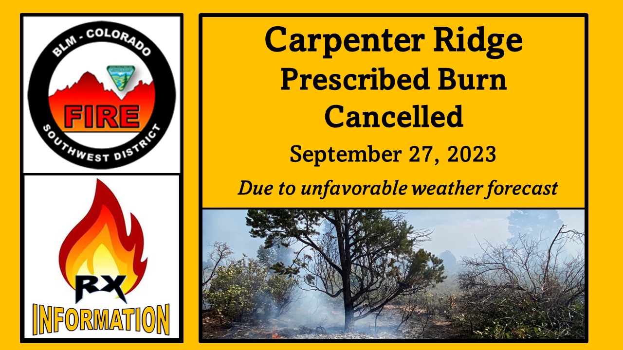 Image of prescribed fire with pinyon pine tree and oak brush with flame and smoke. Text BLM Colorado Southwest District Fire RX Information, Carpenter Ridge Prescribed Burn Cancelled September 27, 2023, Due to unfavorable weather forecast