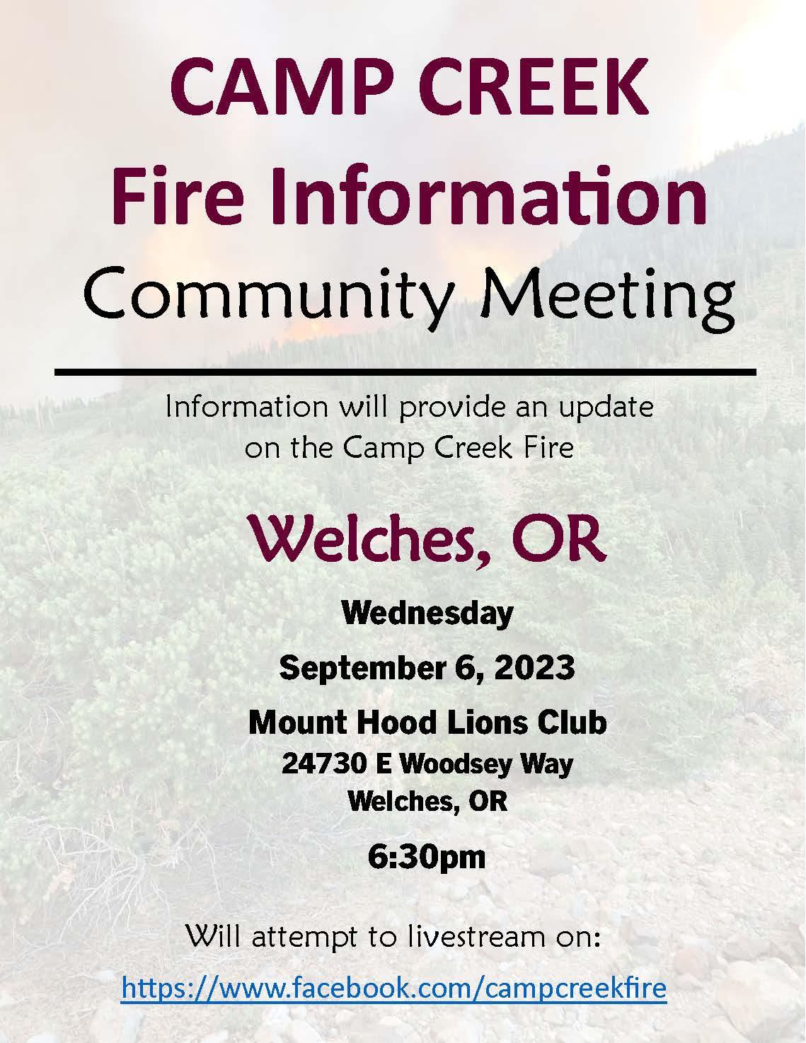 A graphic with detailed information about the upcoming community meeting in Welches, OR.