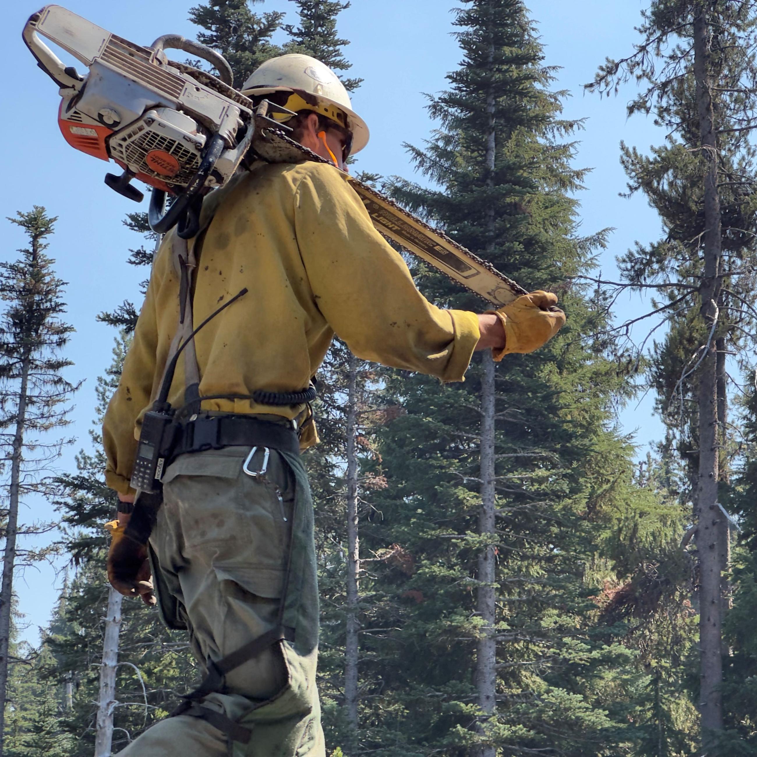 Firefighter working along the Cascade Lakes Highway.