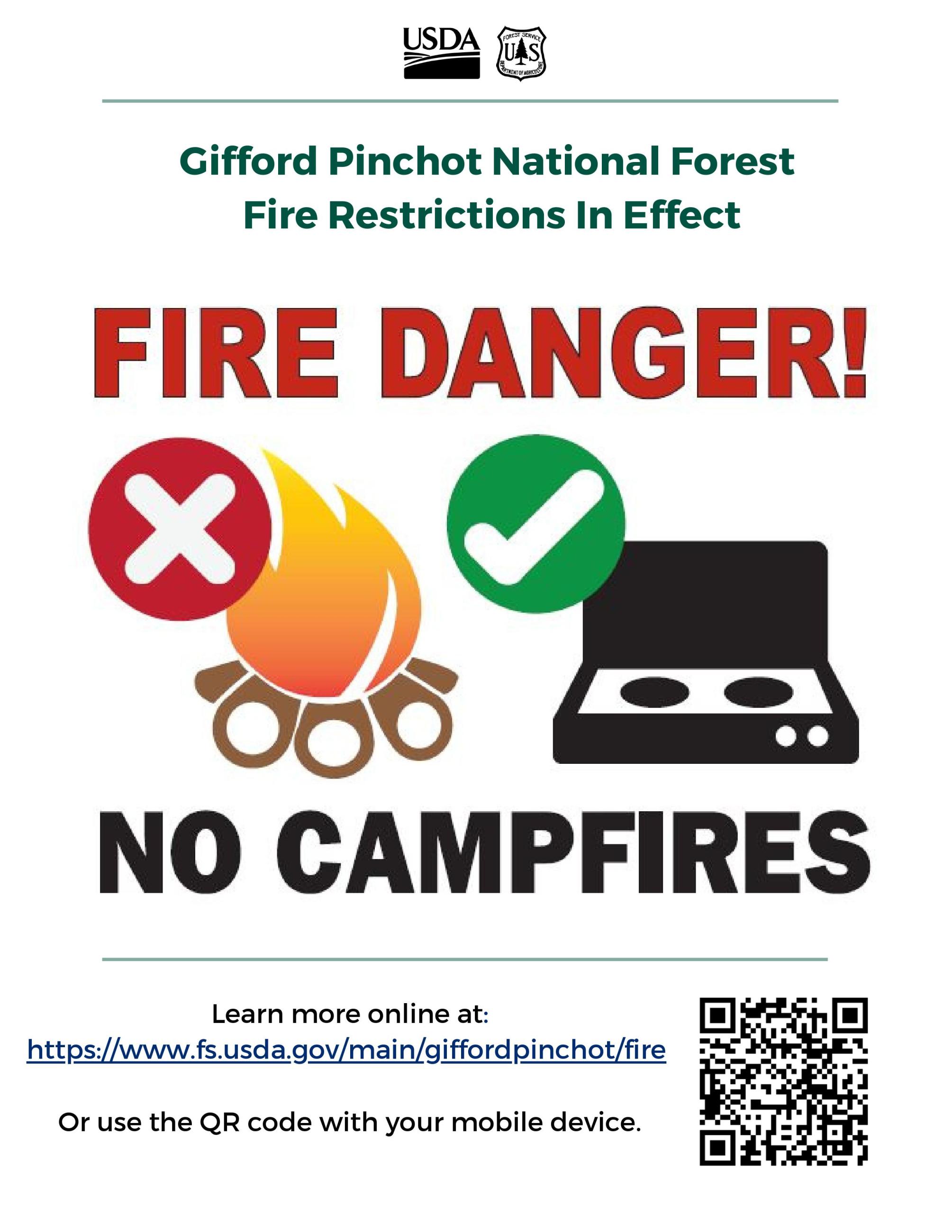 Gifford Pinchot National Forest Fire Restrictions in Effect , Photo of a campfire with an X no campfires