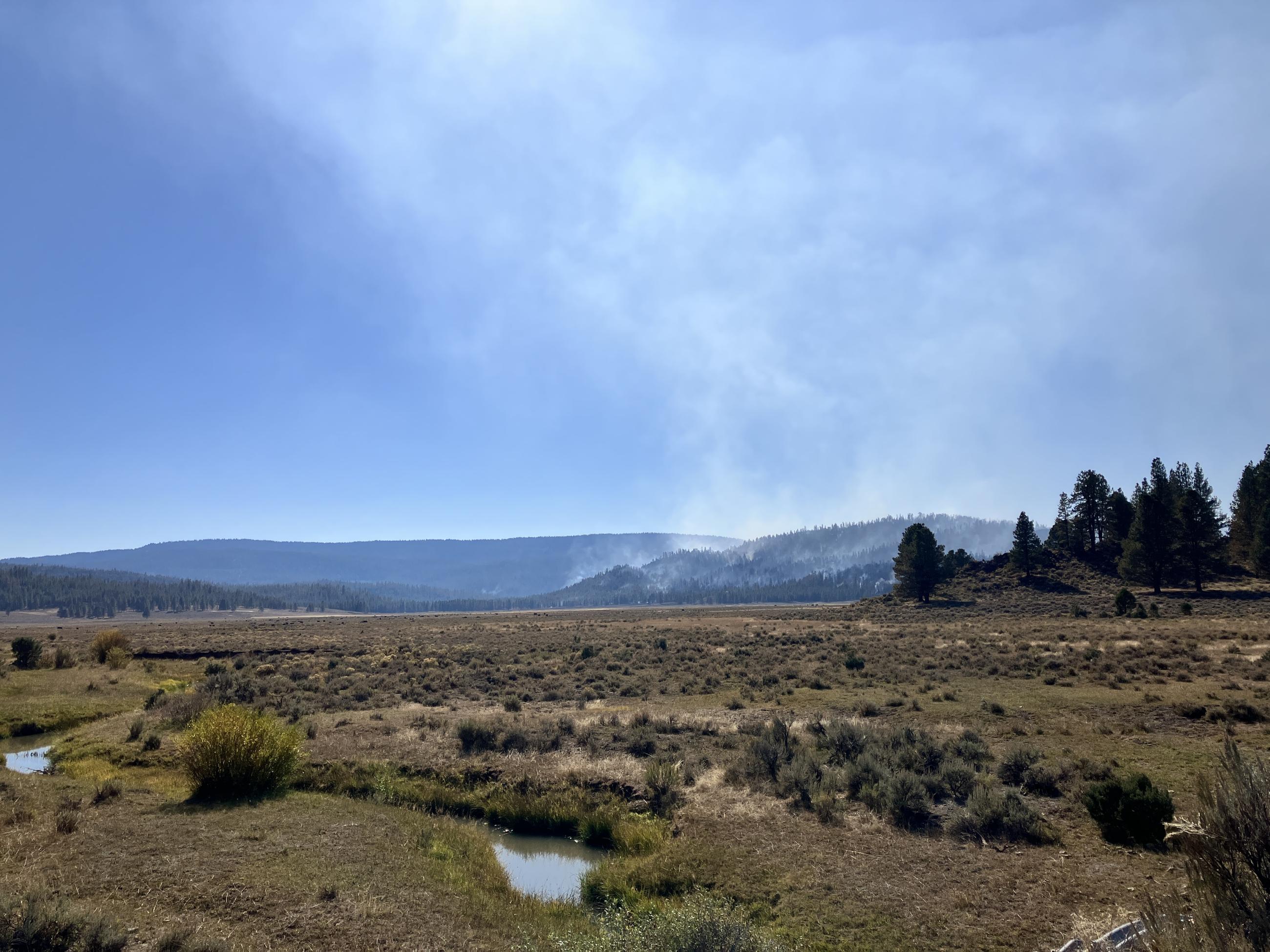 A meandering creek through a large open meadow with large streaks of smoke in the background rising from forested hills.