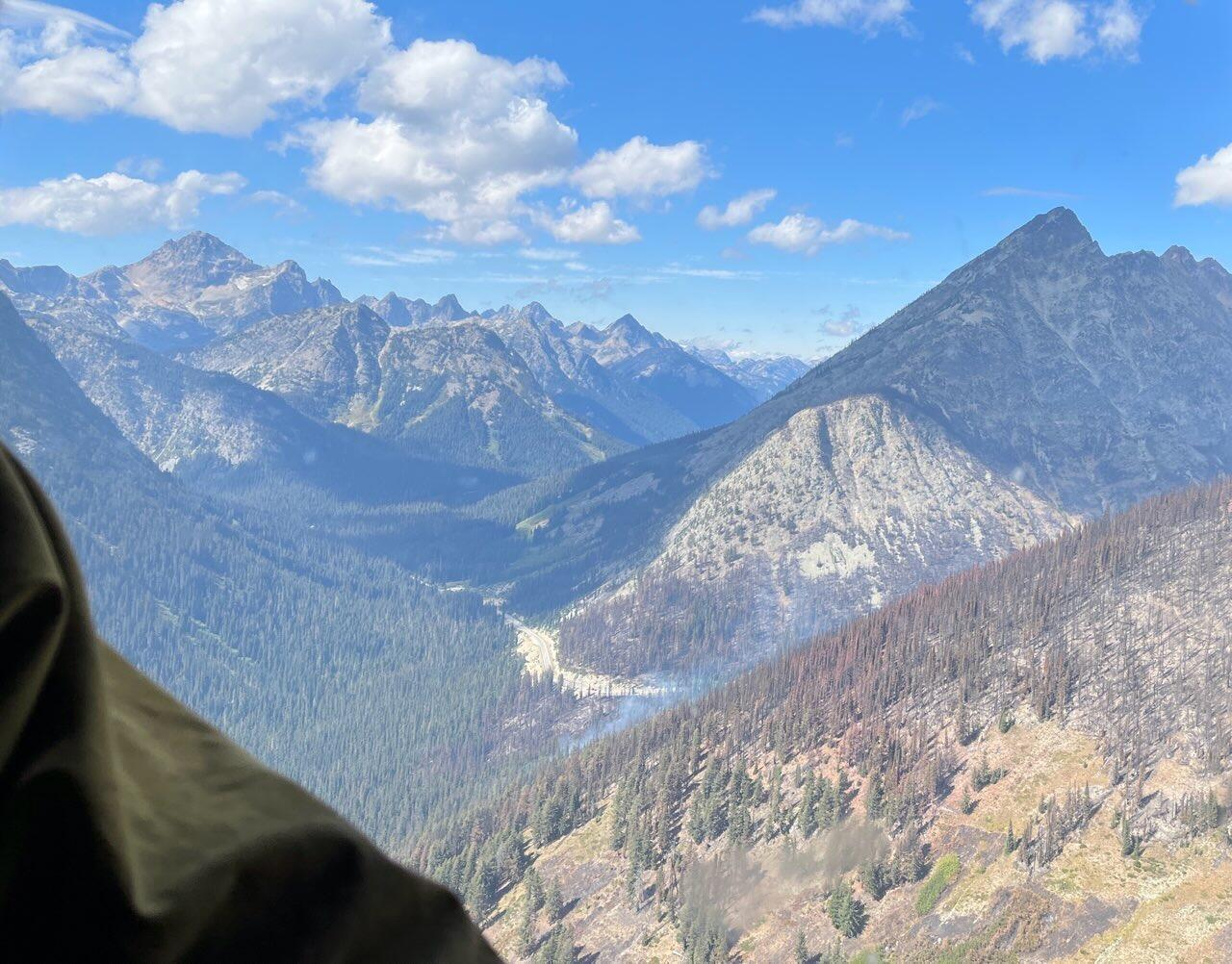 aerial image of fire area and adjacent peaks and valleys