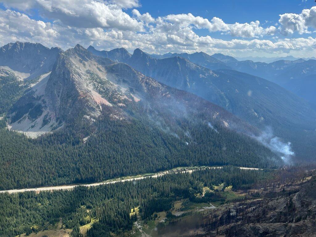 aerial image of fire, road and creeks