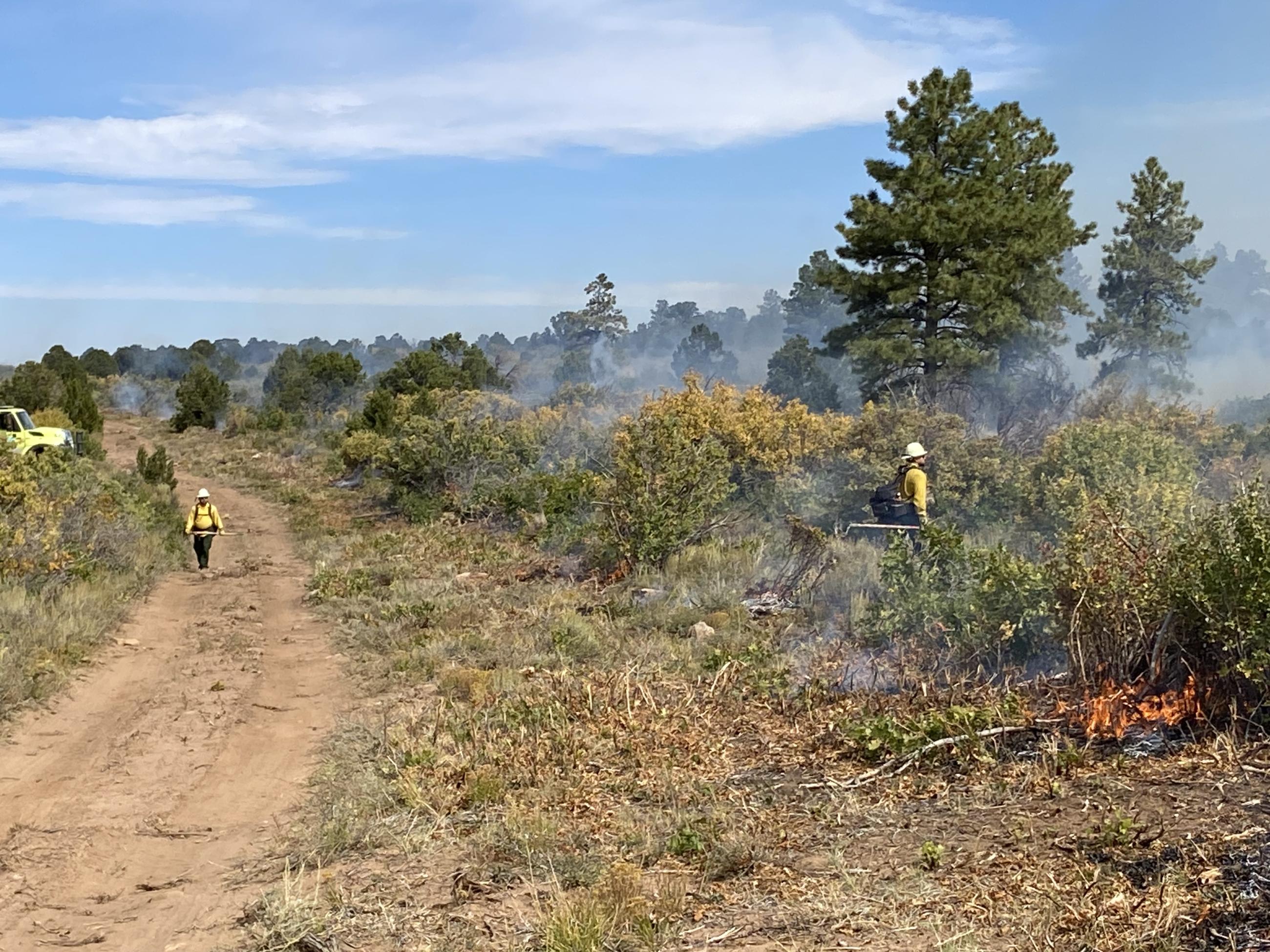 Image of two firefighters and fire engine checking the prescribed fire area along the road.