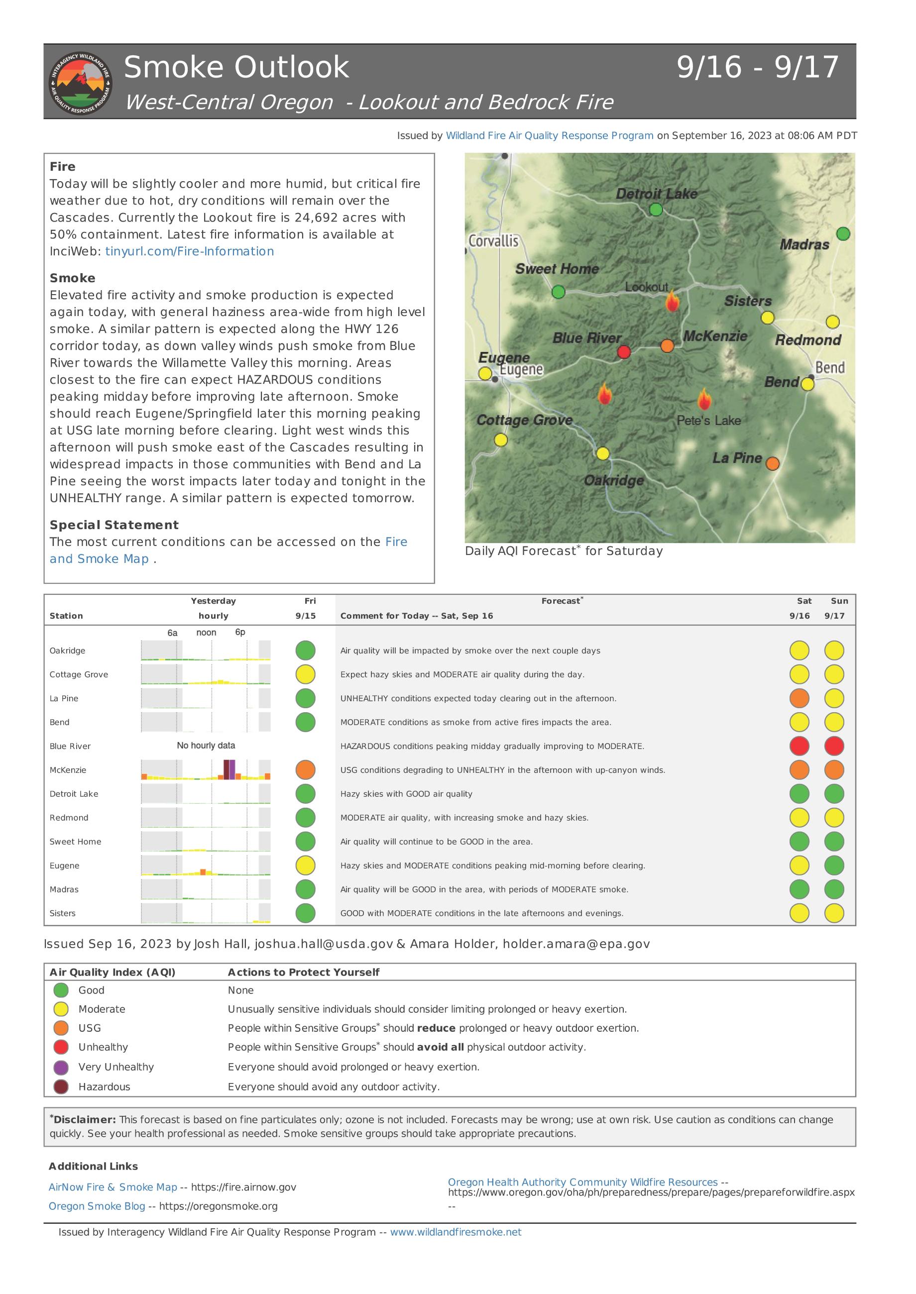 Lookout and Bedrock Fire Smoke Outlook 9/16/23