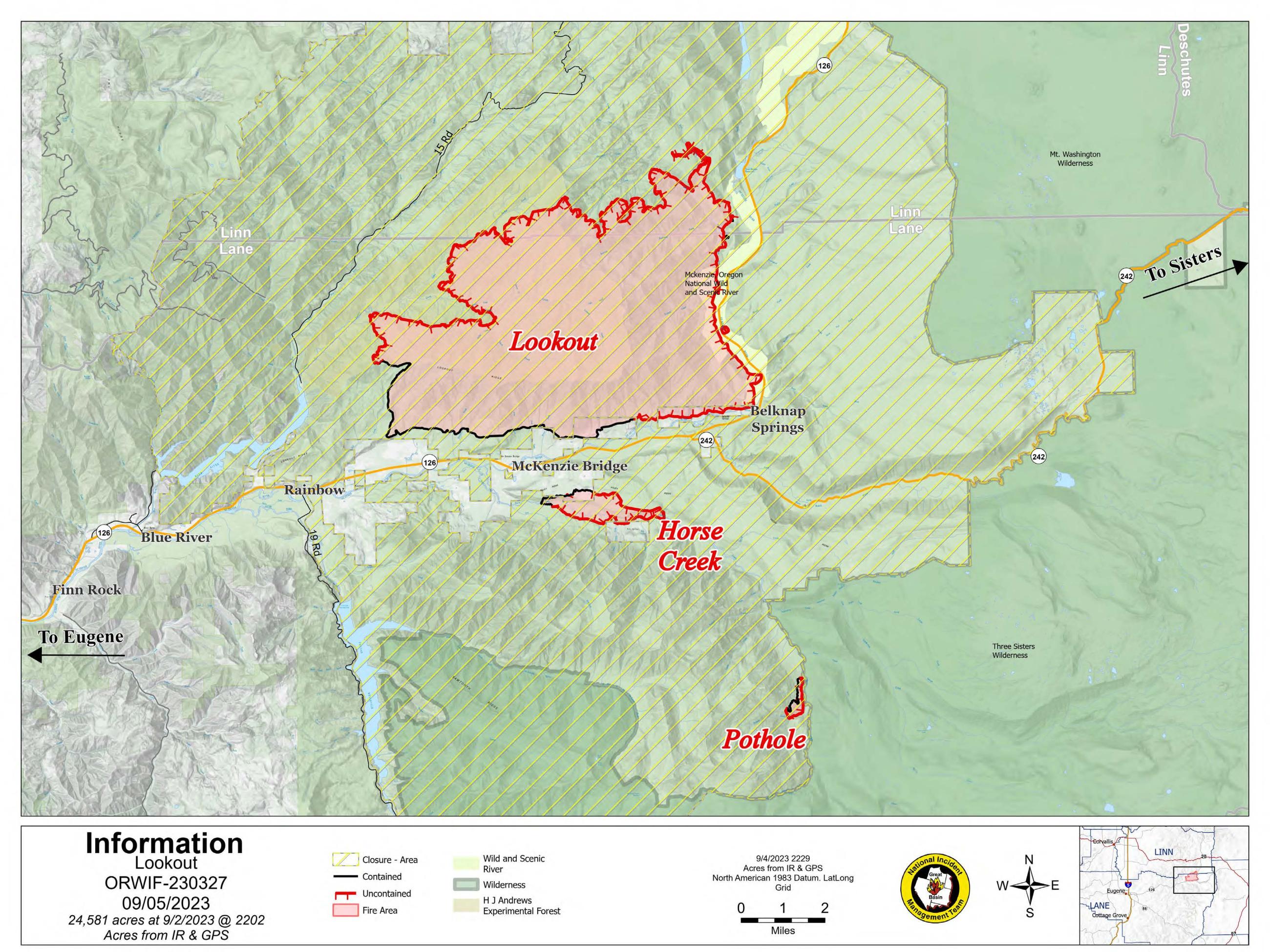 Lookout, Horse Creek, Potholes Fires Public Information Map 9/5/2023
