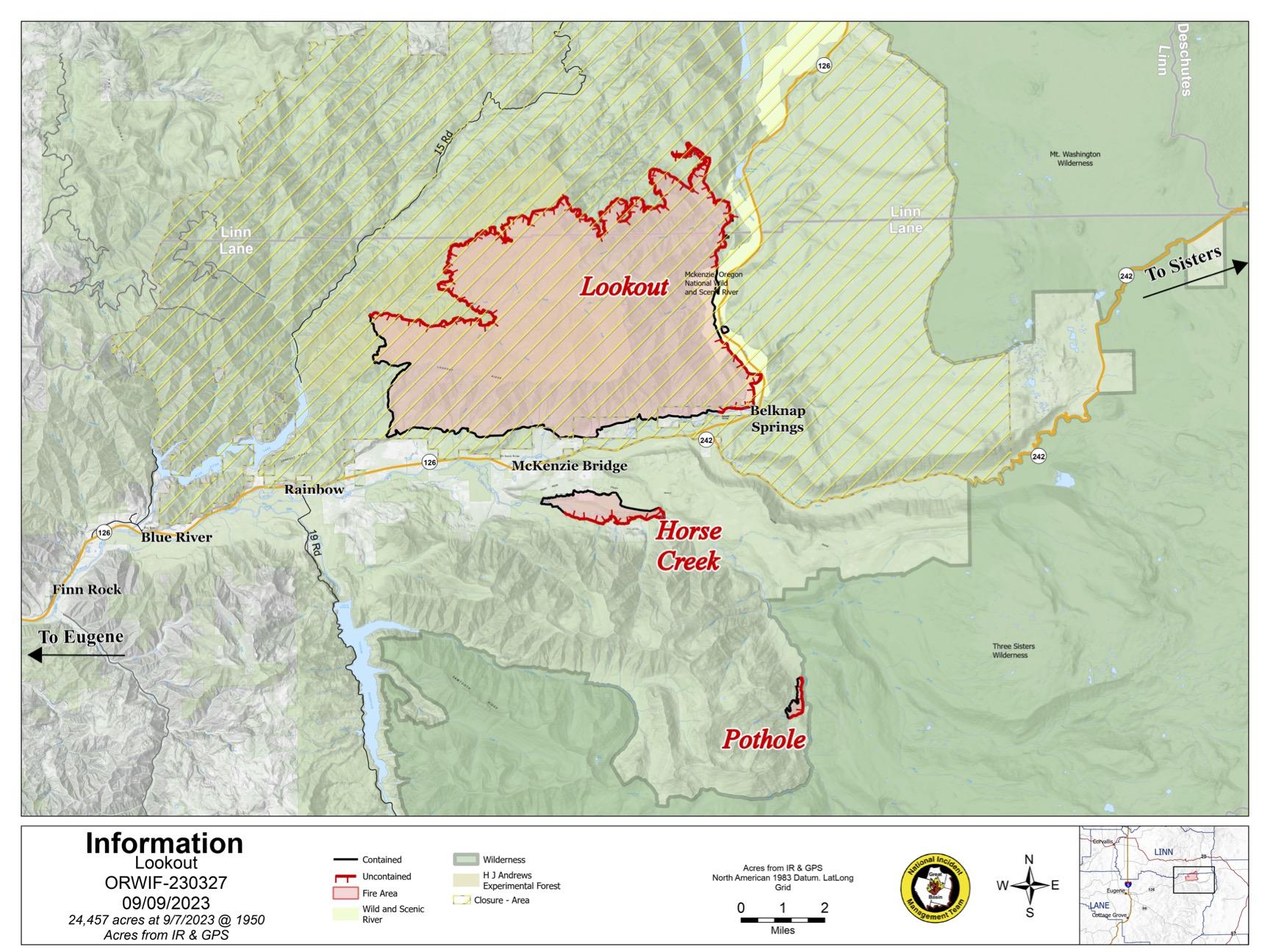 Lookout, Horse Creek, Pothole Fires Map 9-9-2023